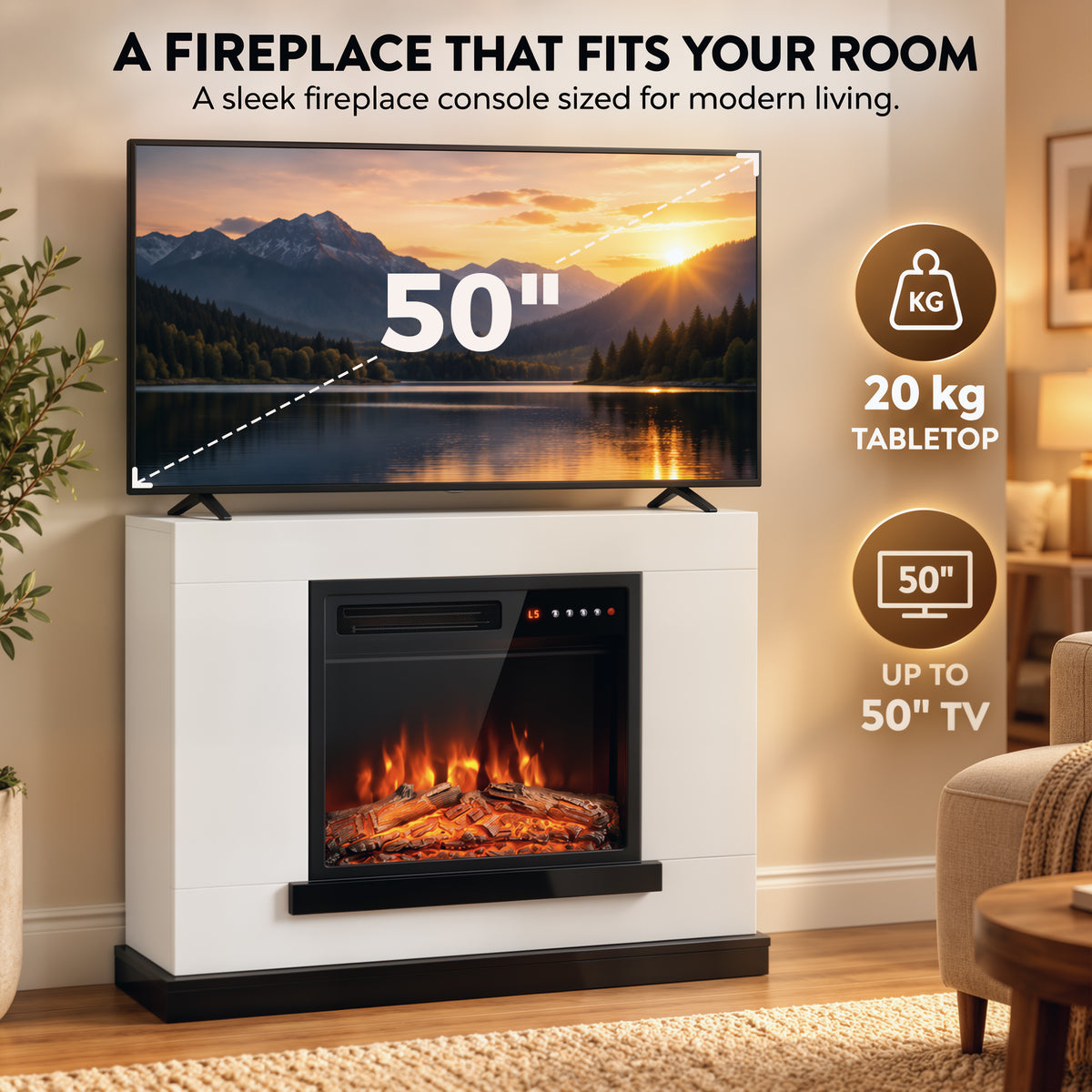 White electric fireplace console with black screen frame and flame effect