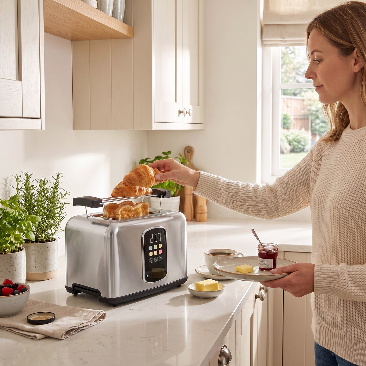 Stainless steel 2-slice toaster with croissants on warming rack and LED touch panel