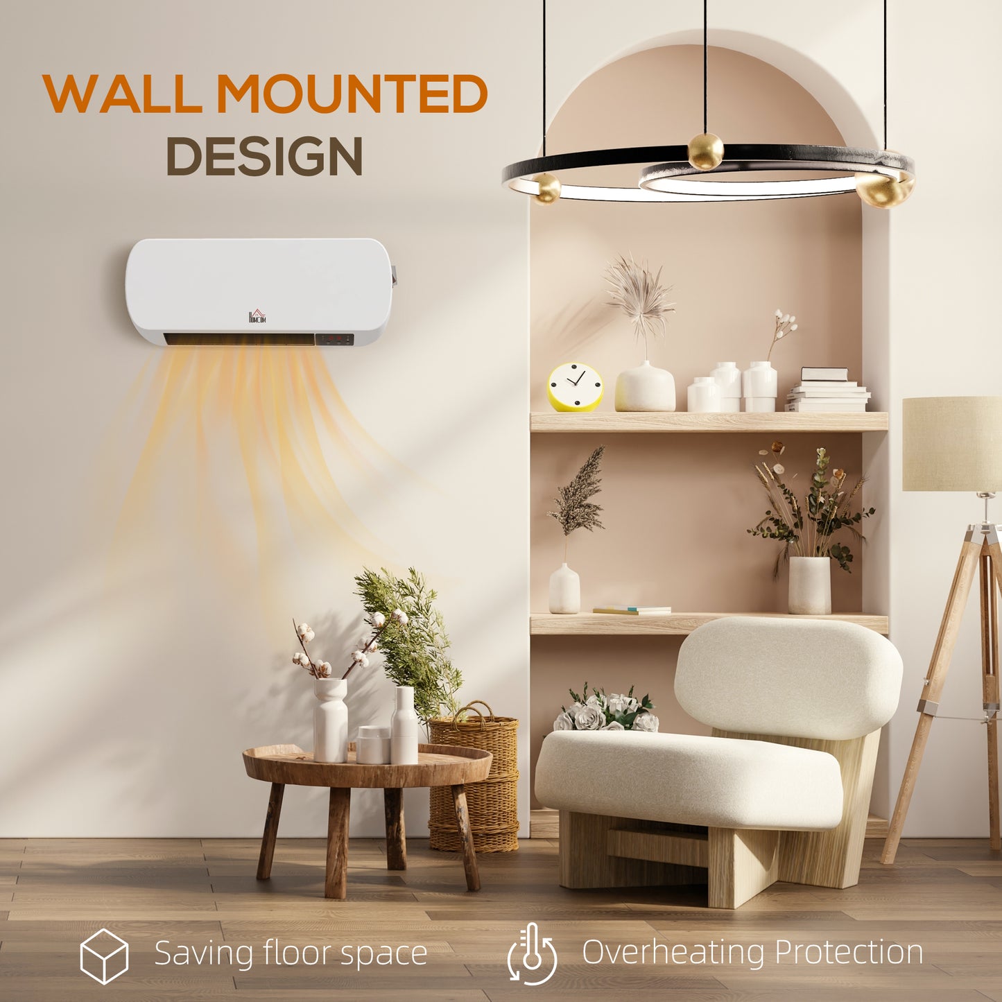 HOMCOM 2000W Wall Mounted Ceramic Space Heater with 10-49°C Adjustable Temperature in White, Three Modes: Fan, Low, High