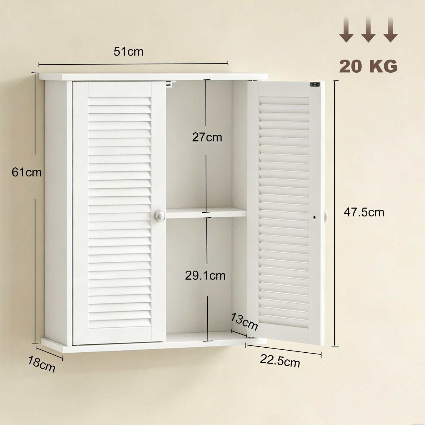 HOMCOM White Bathroom Wall Cabinet With Louvered Doors And Adjustable Shelf For Bathroom Storage
