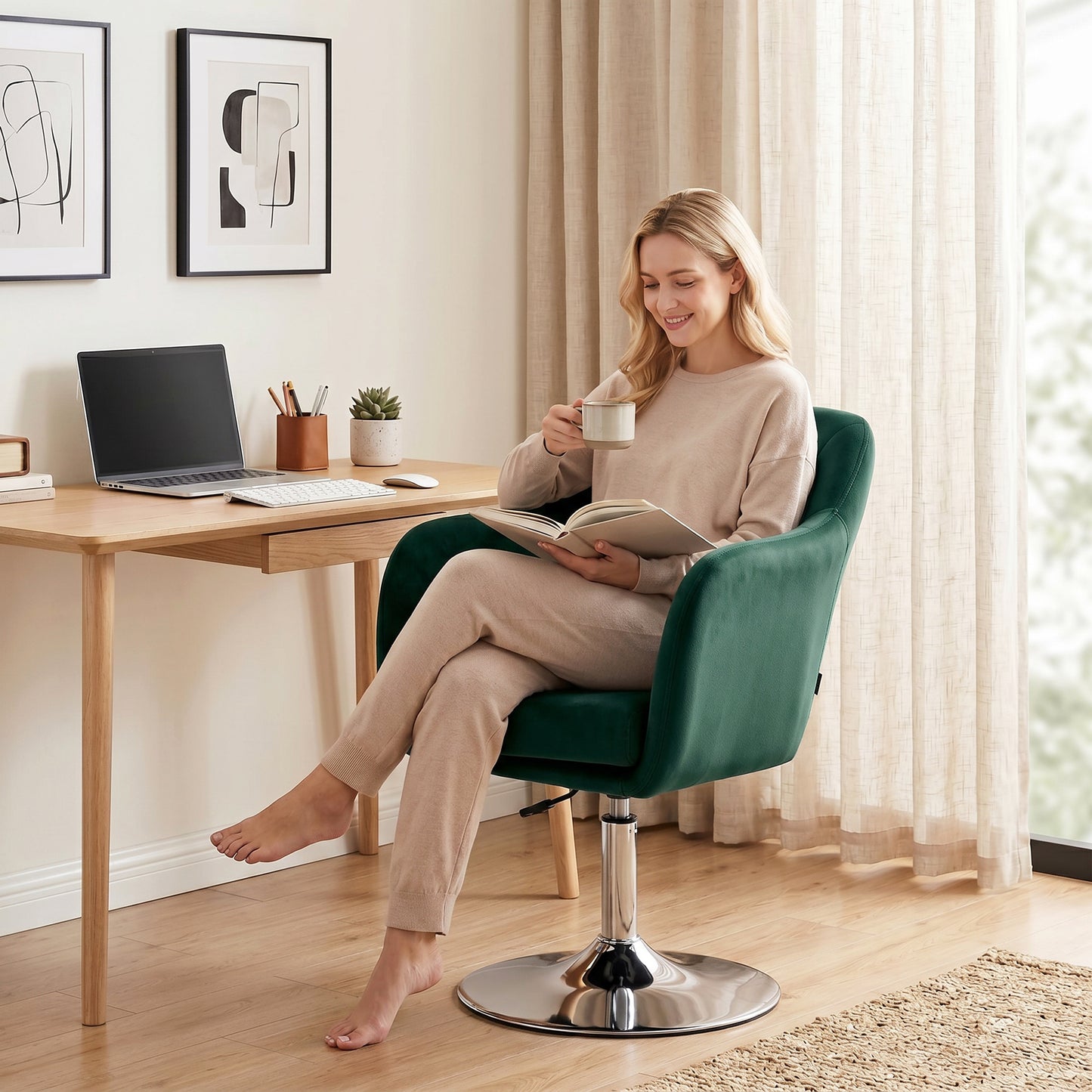 HOMCOM Retro Velvet Swivel Tub Chair With Steel Frame Cushioned Seat Dark Green Modern Lounge