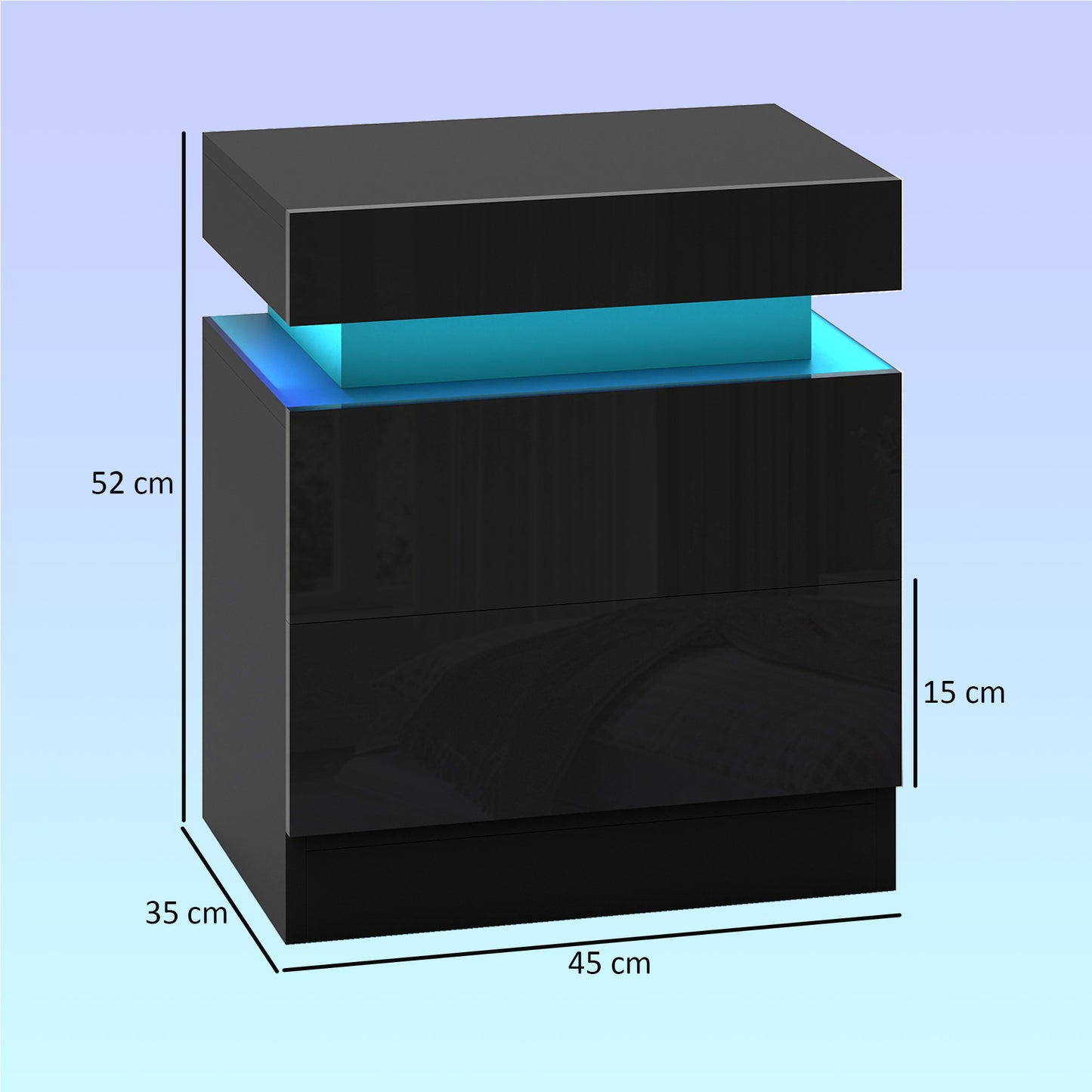 HOMCOM Black LED Bedside Table Set Of 2 With Color Changing Light High Gloss Front Nightstands With Two Drawers