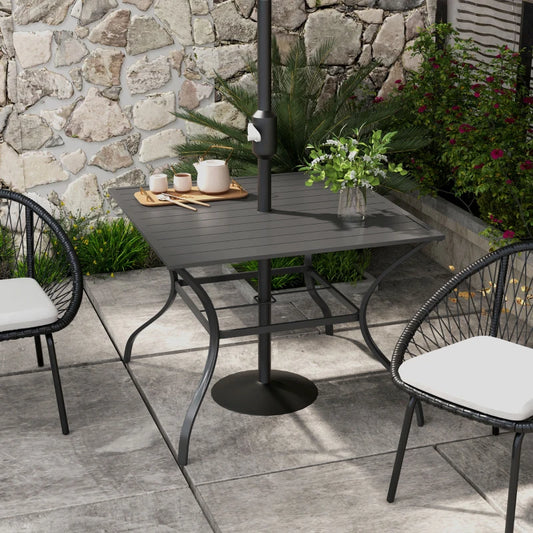 Outsunny 94 x 94 cm Dark Grey Garden Table with Parasol Hole - Outdoor Dining Table for Four with Slatted Metal Plate Top, Ideal for Al Fresco Dining