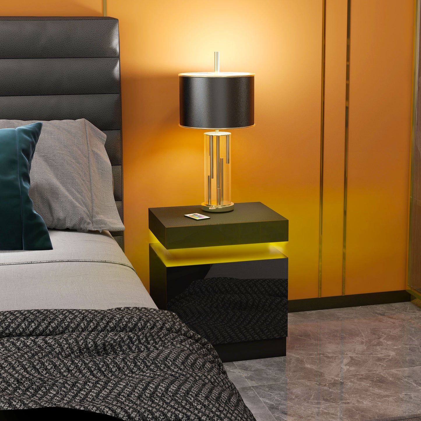 HOMCOM Black LED Color Changing Bedside Table With 2 Drawers High Gloss Front Nightstand For Living Room And Bedroom