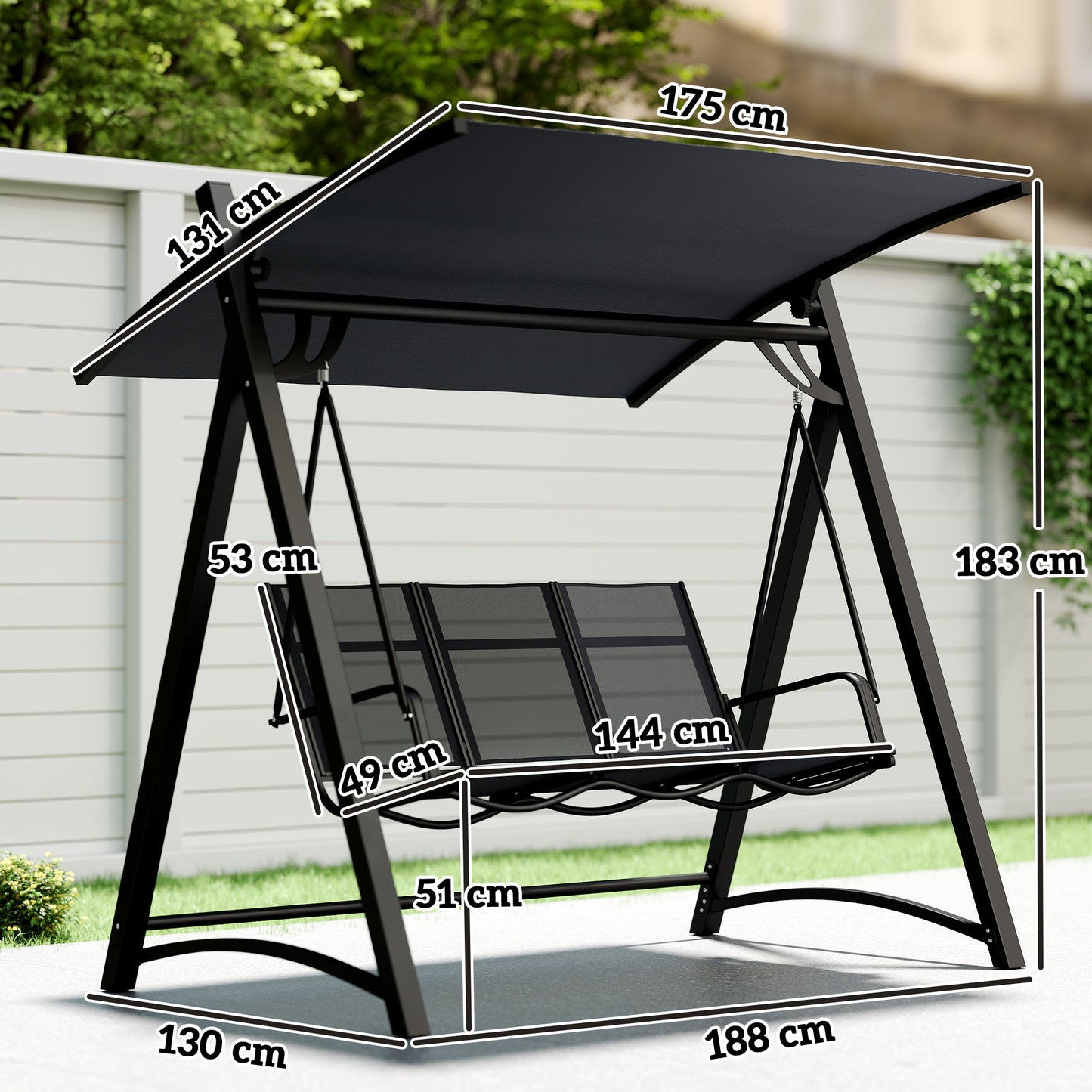 Outsunny 3 Seater Swing Chair Garden Swing Bench Adjustable Tilting Canopy Breathable Mesh Seat 360 Kg Capacity Grey