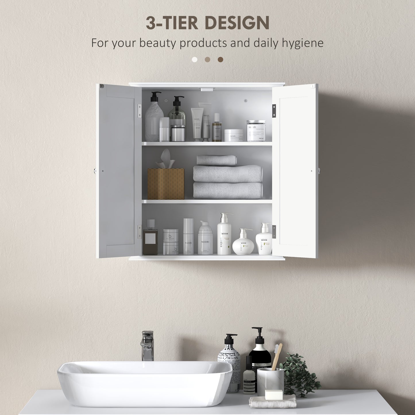 HOMCOM White Wall Mounted Bathroom Cabinet, 3 Tier Storage with Adjustable Shelf for Space Saving Organization