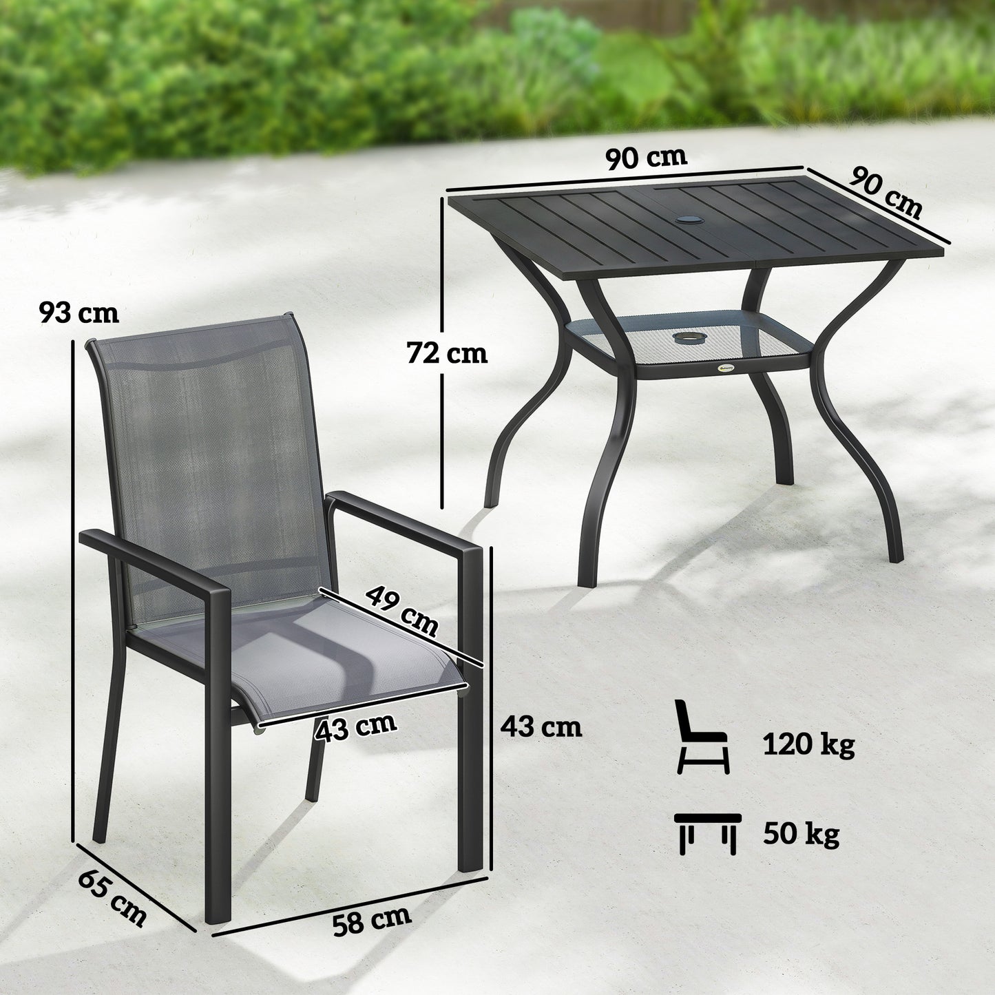 Outsunny 5 Piece Outdoor Dining Set for 4 With Table and Stackable Chairs Breathable Mesh Seats Parasol Hole Grey