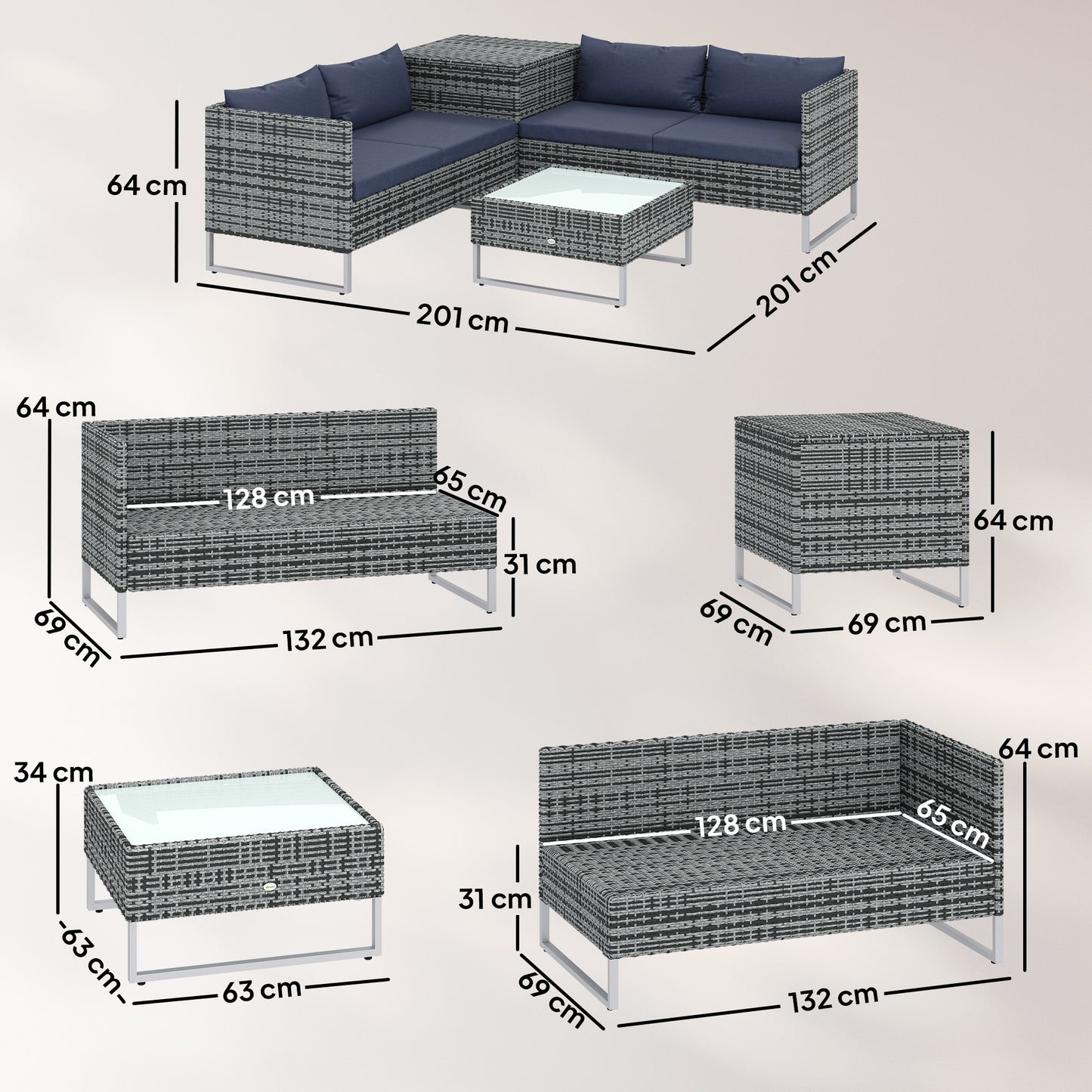 Outsunny 4 Piece Rattan Garden Furniture Set Outdoor Corner Sofa With Storage Table Cushions Dark Blue