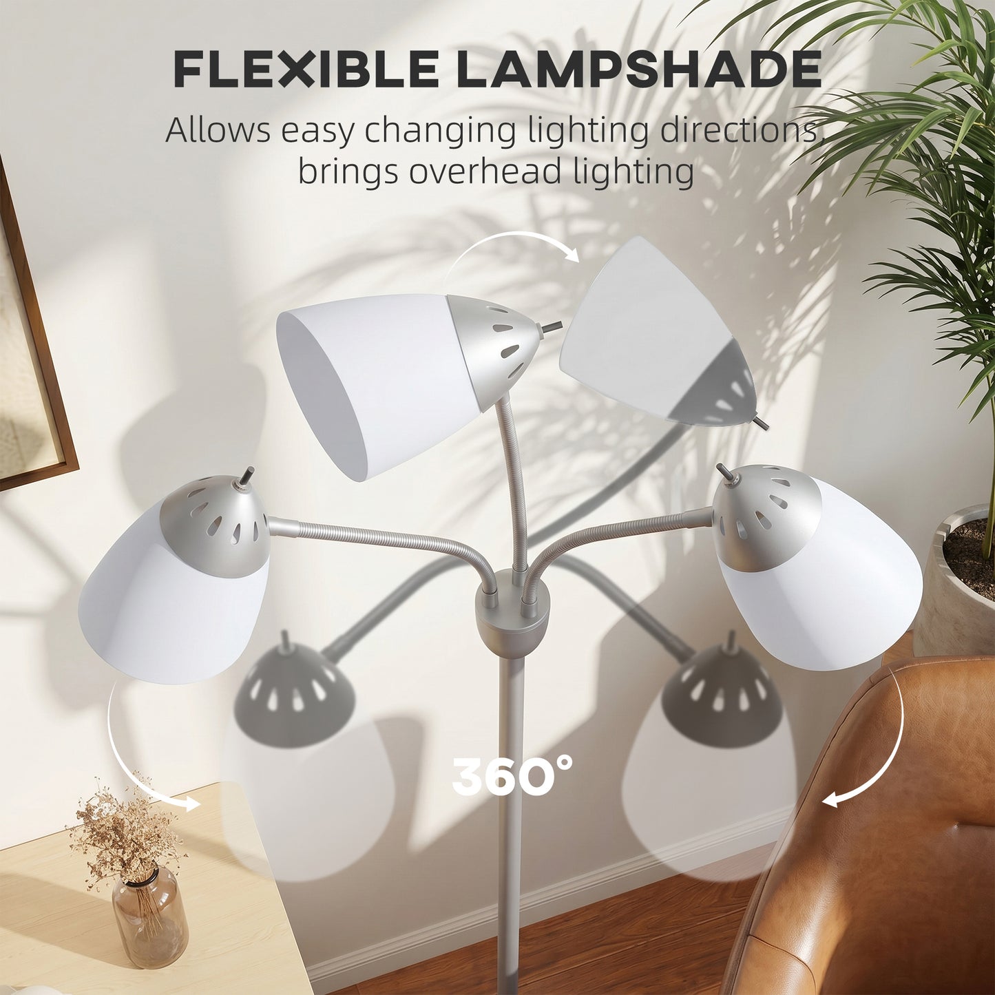 HOMCOM Arc Tree Floor Lamp With Three Adjustable Rotating Lights Industrial Standing Lamp Steel Frame Silver Tone