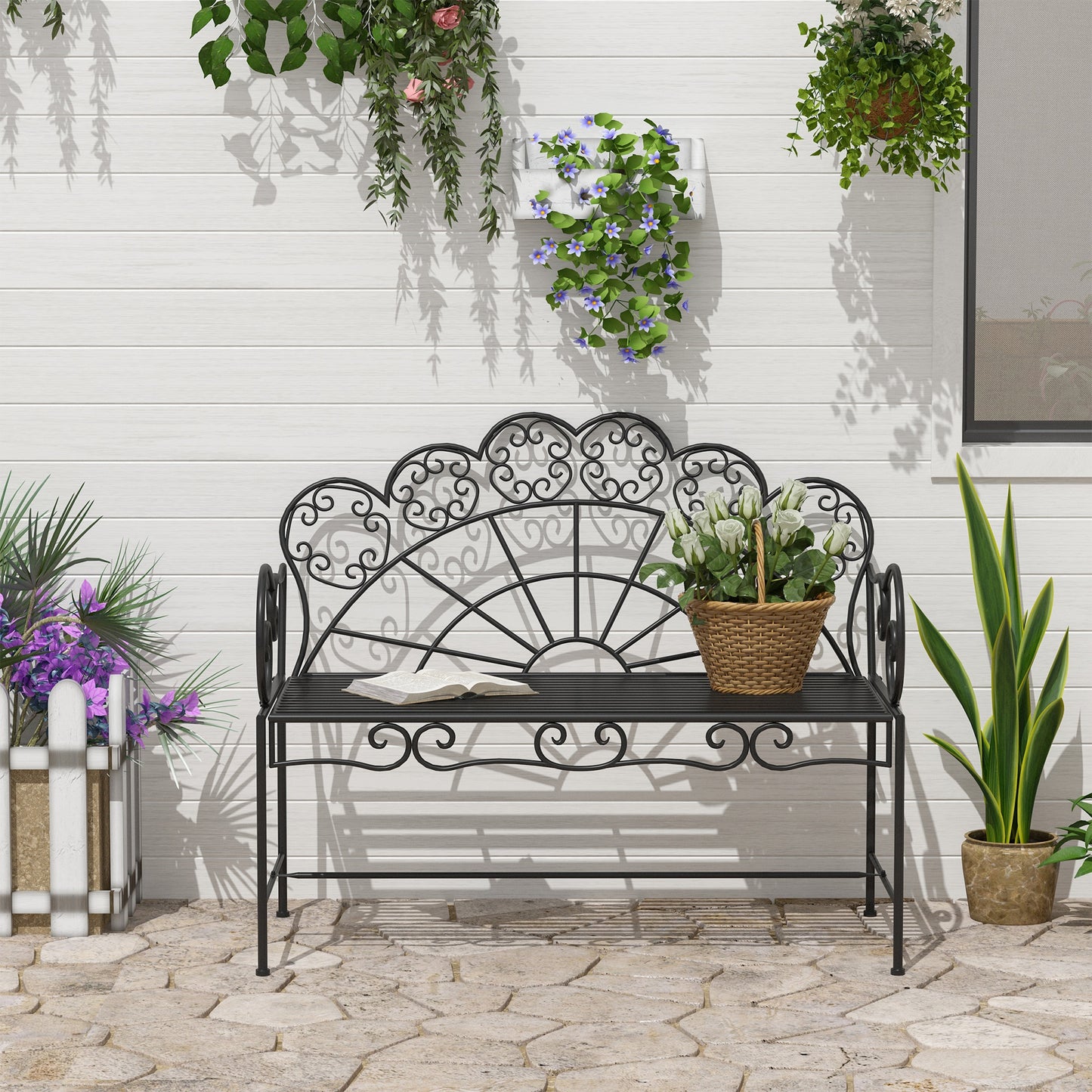 Outsunny Metal Garden Bench Loveseat With Slatted Seat Black Outdoor Patio Furniture Durable Weatherproof