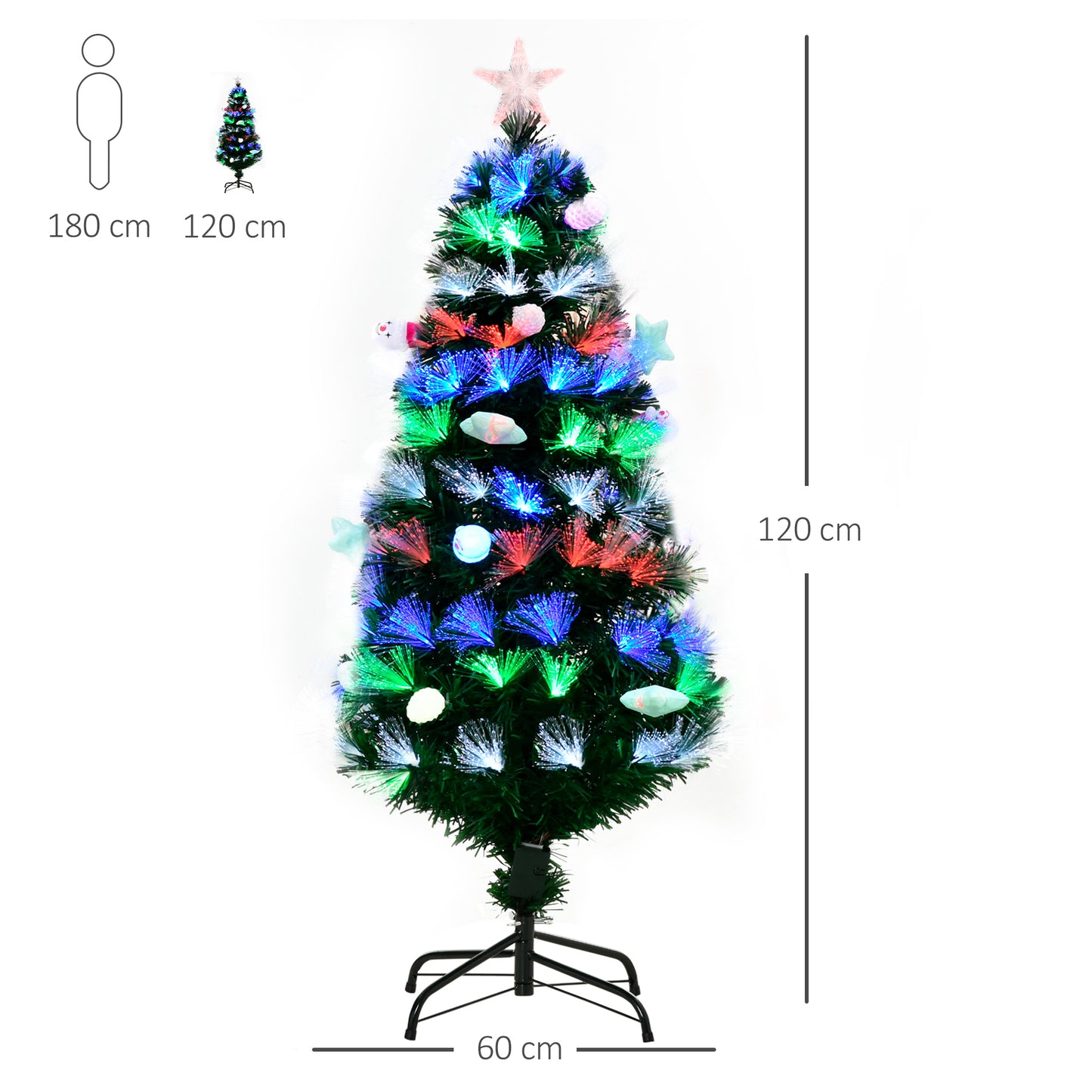 HOMCOM 4FT Pre-Lit Green Christmas Tree with LED Lights and Fibre Optic Ornaments for Holiday Decor - ALL4U RETAILER LTD