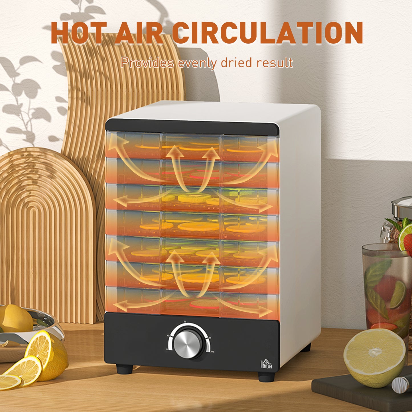 HOMCOM Seven Tray Food Dehydrator With Temperature Control 40 To 70 Celsius White Finish