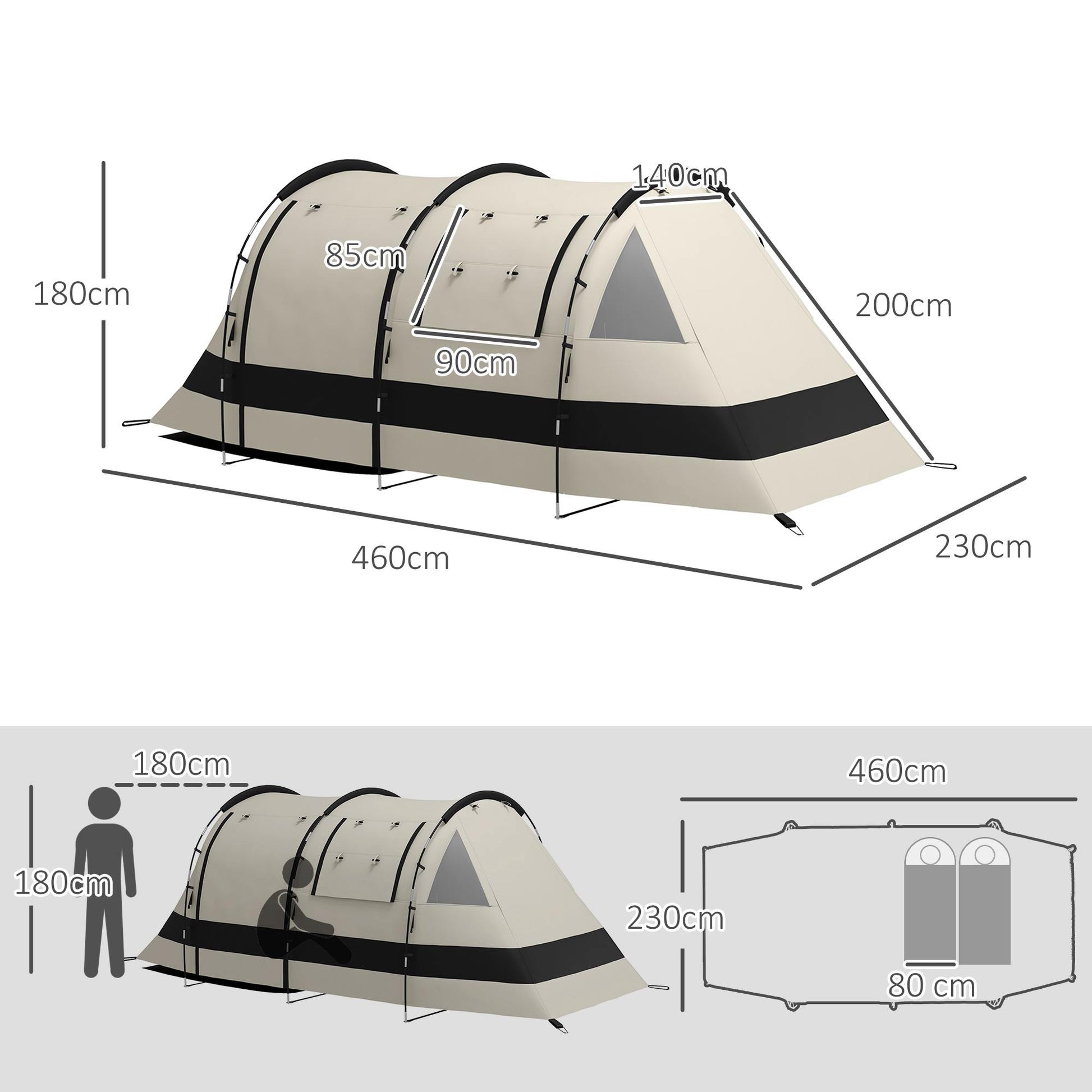 Outsunny Waterproof Blackout Tunnel Tent for 4-5 People with Bedroom and Living Space, Khaki - ALL4U RETAILER LTD