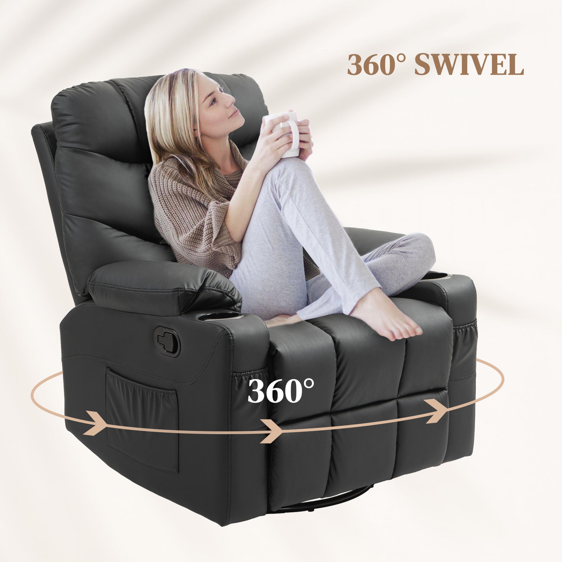 HOMCOM 360° Swivel Recliner Chair with Footrest and Cup Holders, Faux Leather Armchair in Black, Manual Recline, Compact Design - ALL4U RETAILER LTD