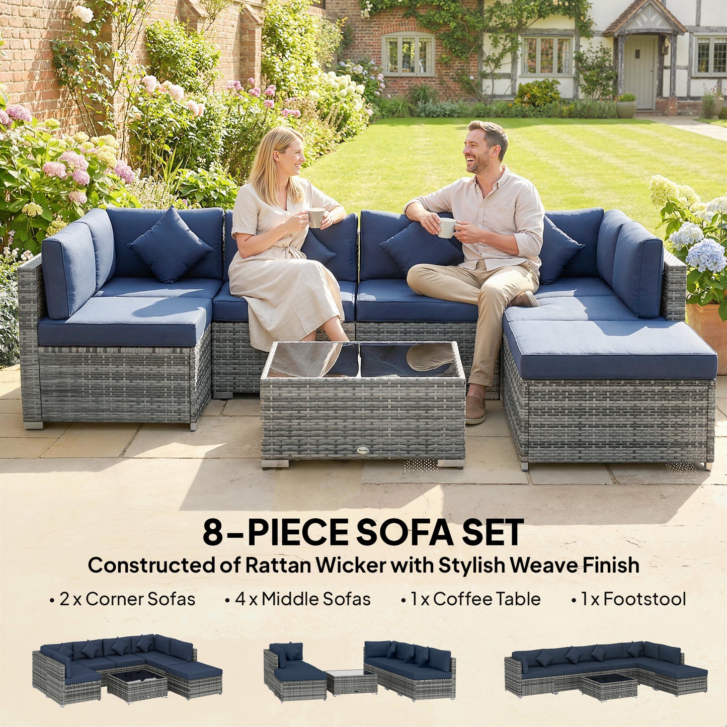 Outsunny 8 Piece PE Rattan Corner Sofa Set Outdoor Garden Furniture Patio Wicker with Cushions Dark Blue