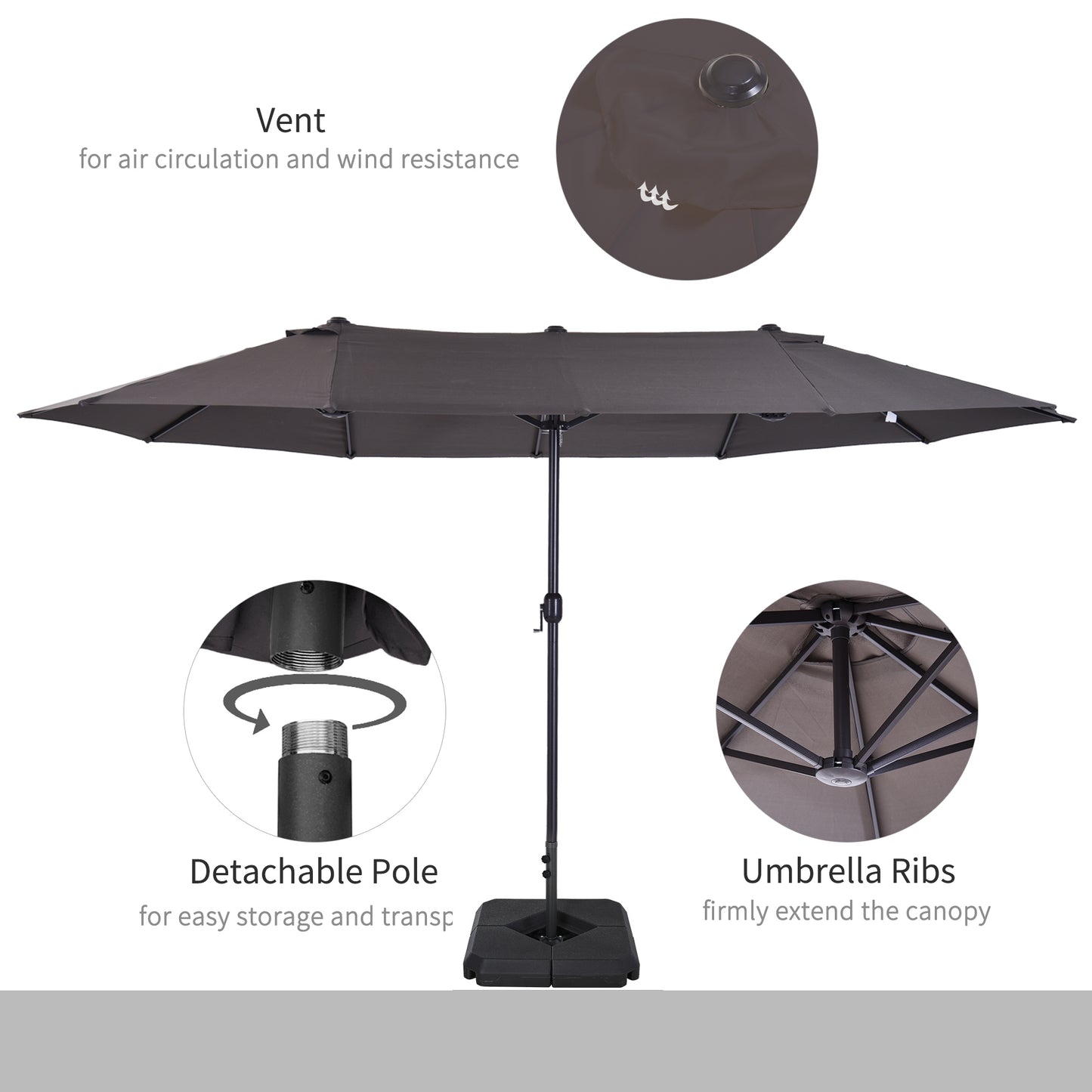 Outsunny 4.6m Double-Sided Patio Umbrella with Crank Lift and Steel Base - Grey Garden Canopy Shade - ALL4U RETAILER LTD