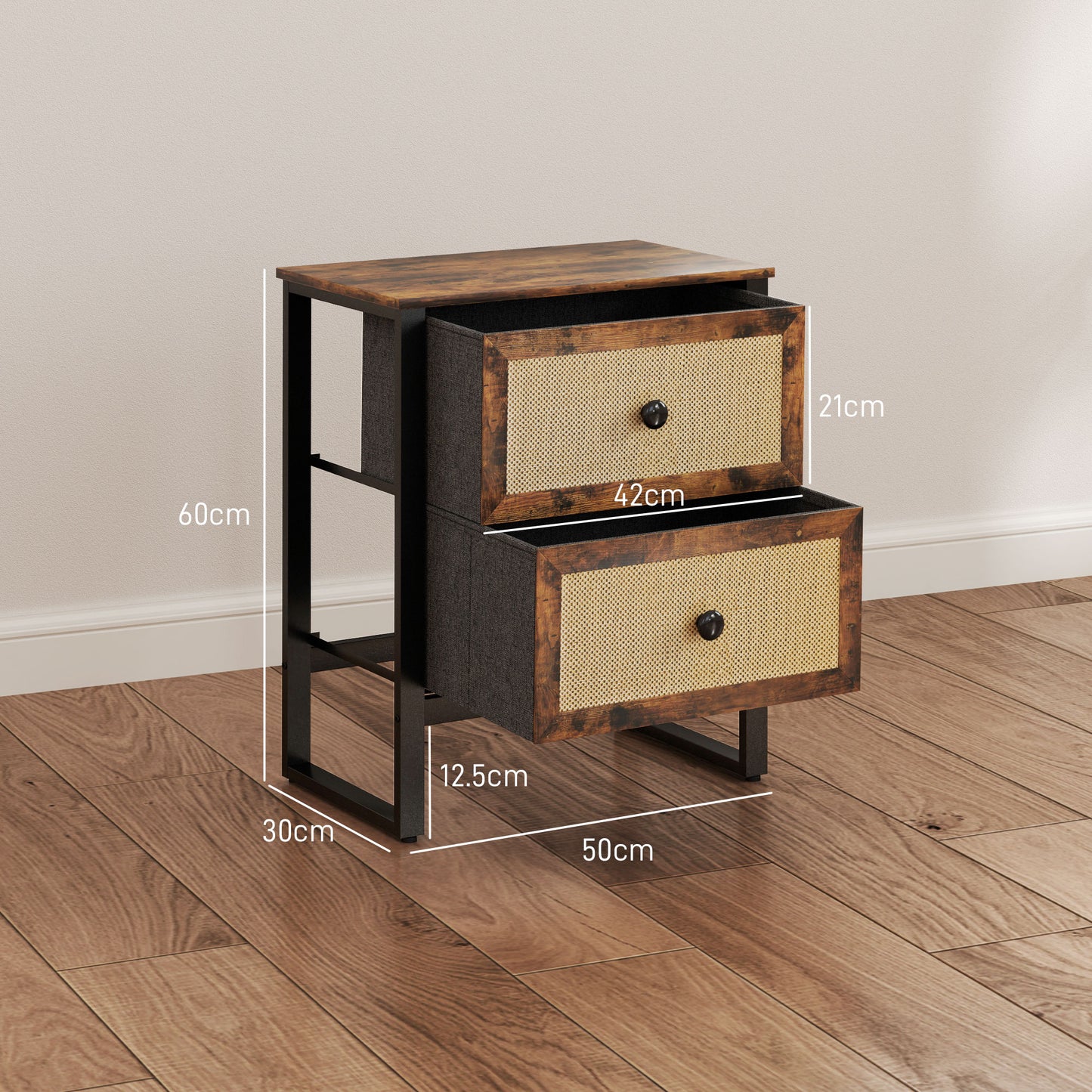 HOMCOM Industrial Natural Bedside Table Set of 2 Brown With Two Drawers and Woven Panels