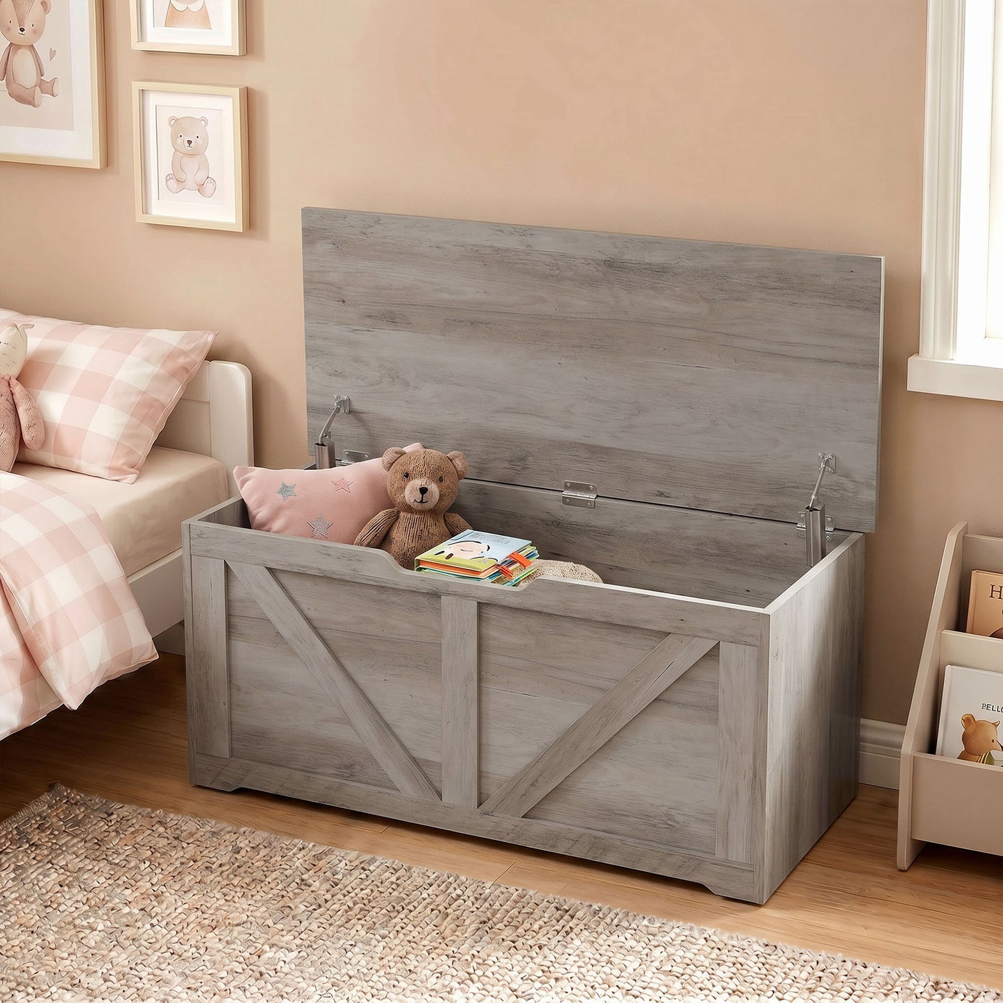 HOMCOM 127L Storage Box Bench With Safety Hinges Grey Wood Effect Durable Particle Board