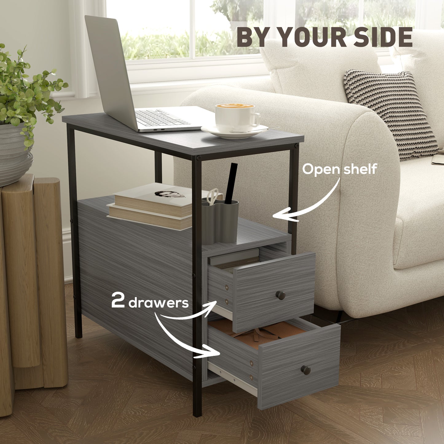 HOMCOM Narrow Bedside Table With 2 Drawers And Storage Shelf Industrial End Table Metal Frame Grey Wood Grain