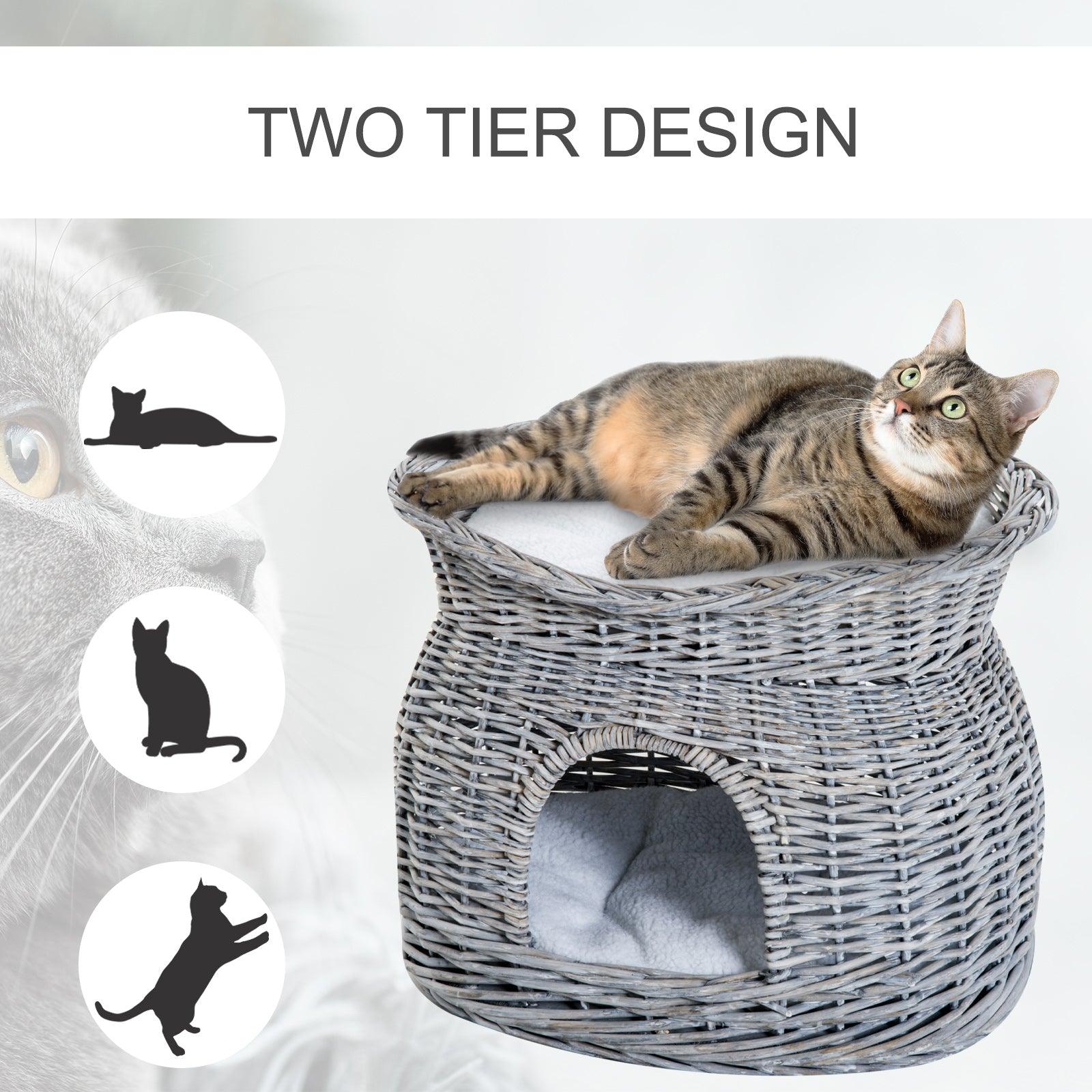 PawHut 2-Tier Wicker Cat House Elevated Pet Bed Basket Willow Kitten Tower Pet Den. with Washable Cushions 56x37x40cm Grey - ALL4U RETAILER LTD