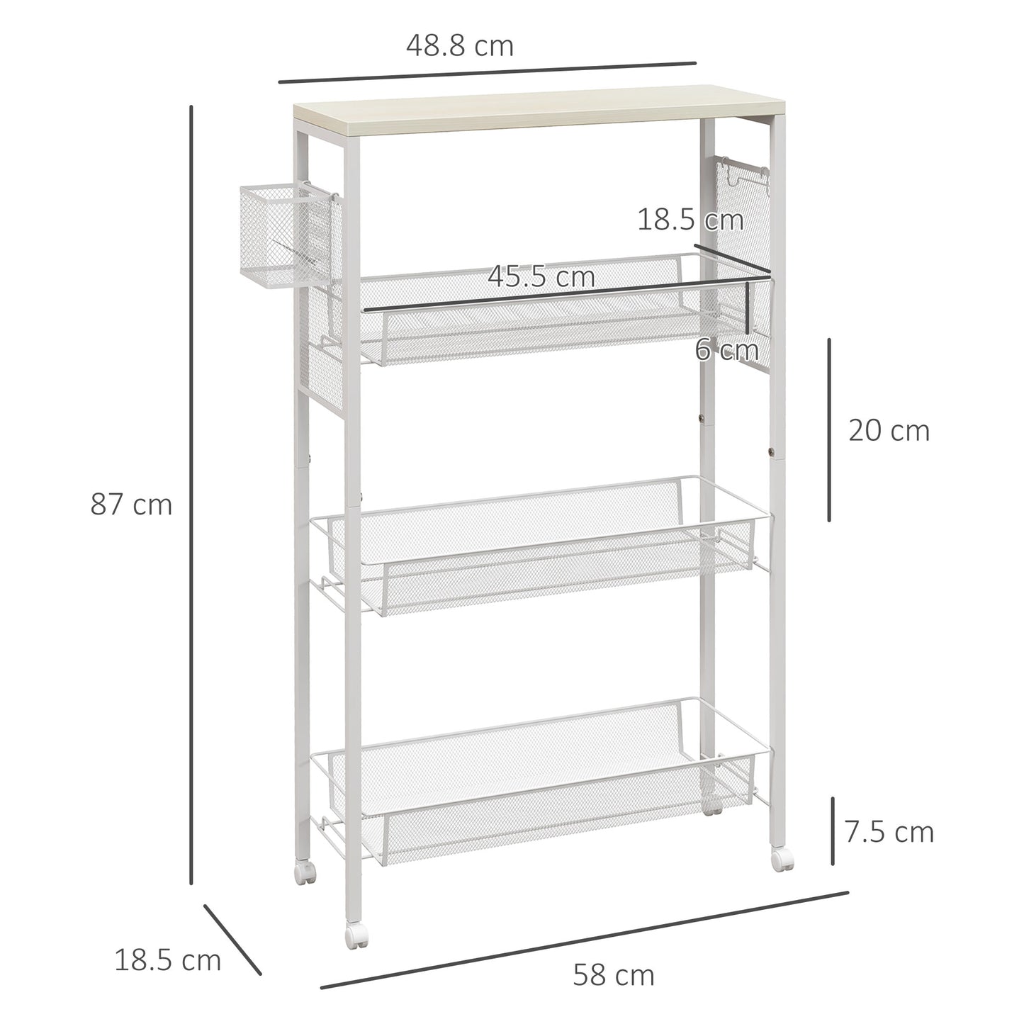 HOMCOM 3 Tier Kitchen Cart With Steel Wire Baskets On Wheels White Finish For Kitchen Organization And Storage