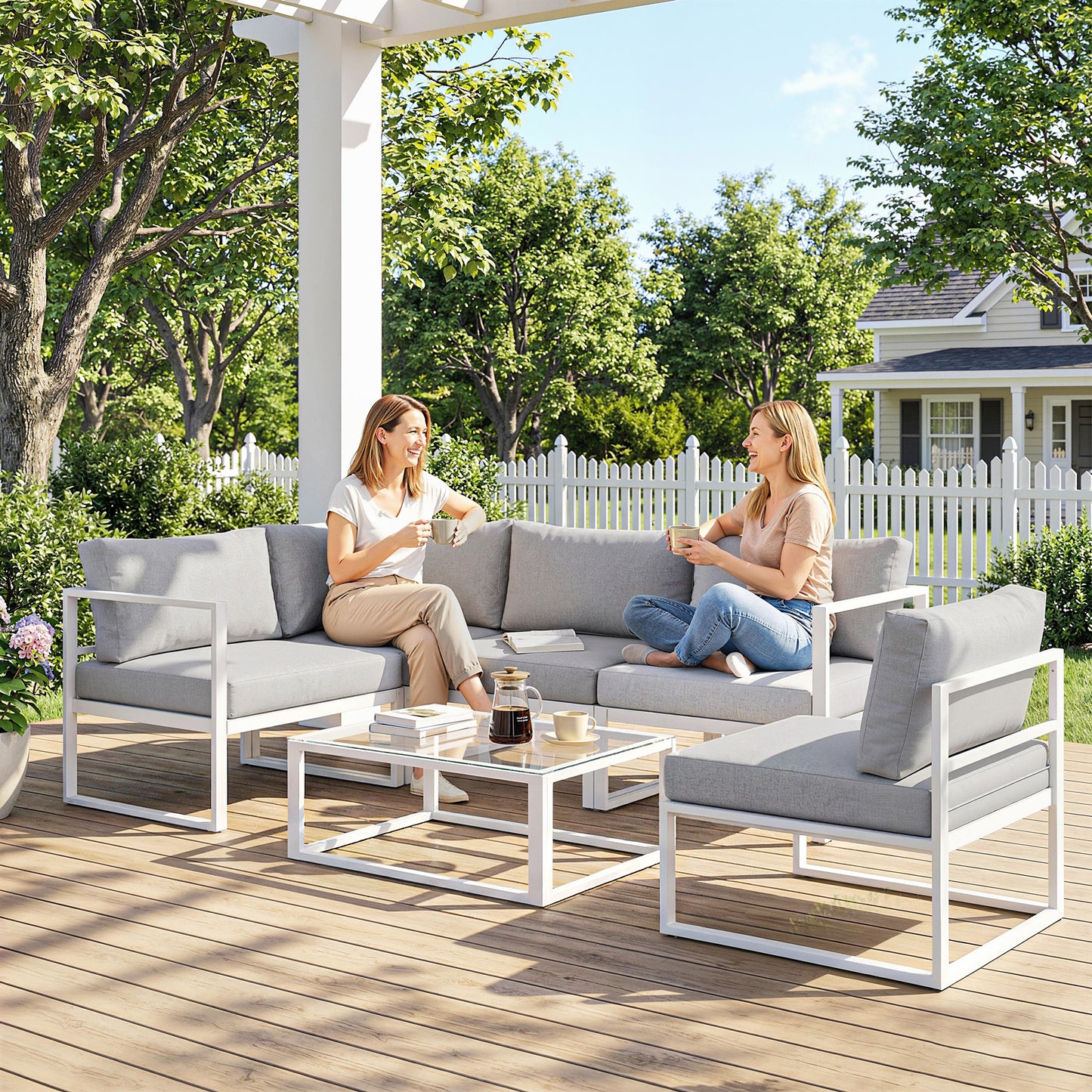 Outsunny 6 Seater Aluminium Garden Furniture Set With Thick Cushions For Patio And Balcony Outdoor Light Grey