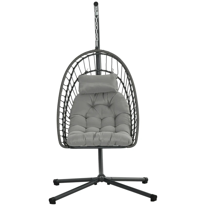 Outsunny Outdoor PE Rattan Swing Chair with Cushion, Garden Foldable Basket Patio Hanging Egg Chair with Metal Stand and Headrest, for Indoor and Outdoor Use - Light Grey - ALL4U RETAILER LTD