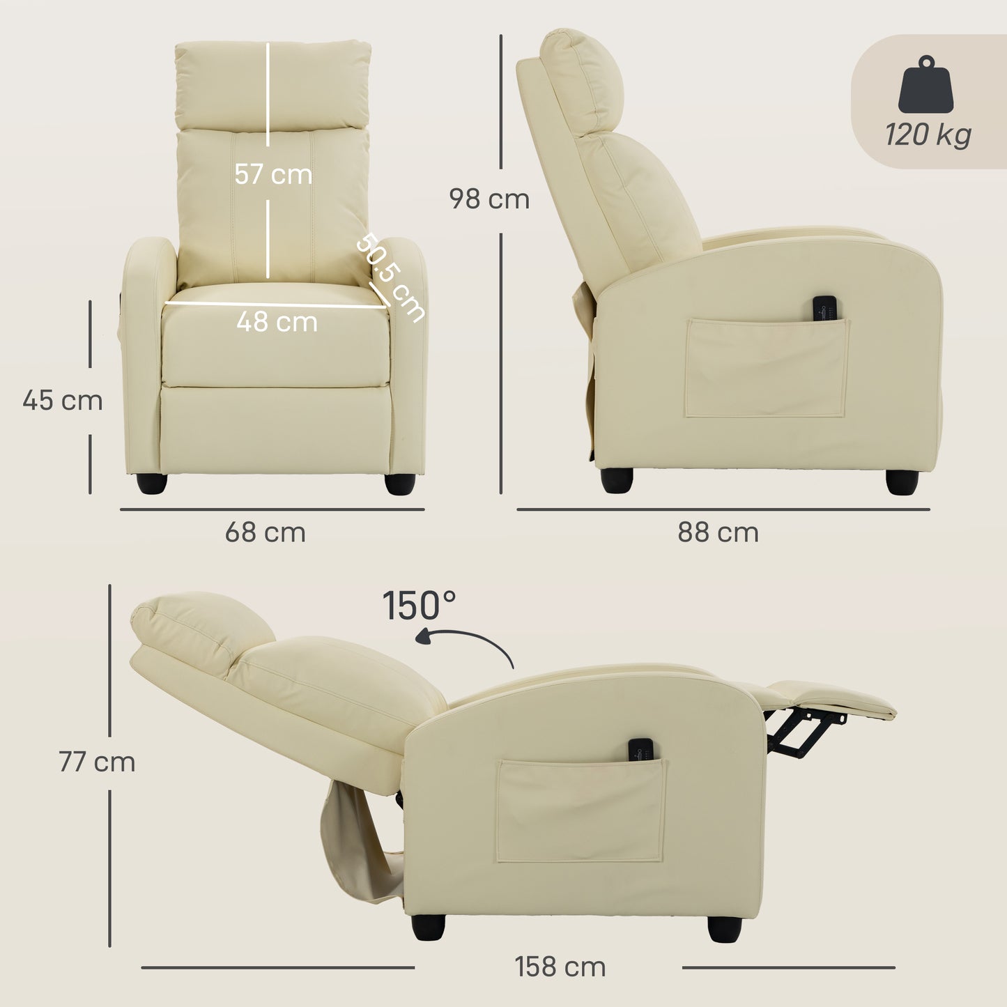 HOMCOM Massage Recliner Chair Faux Leather Remote Side Pocket Cream White