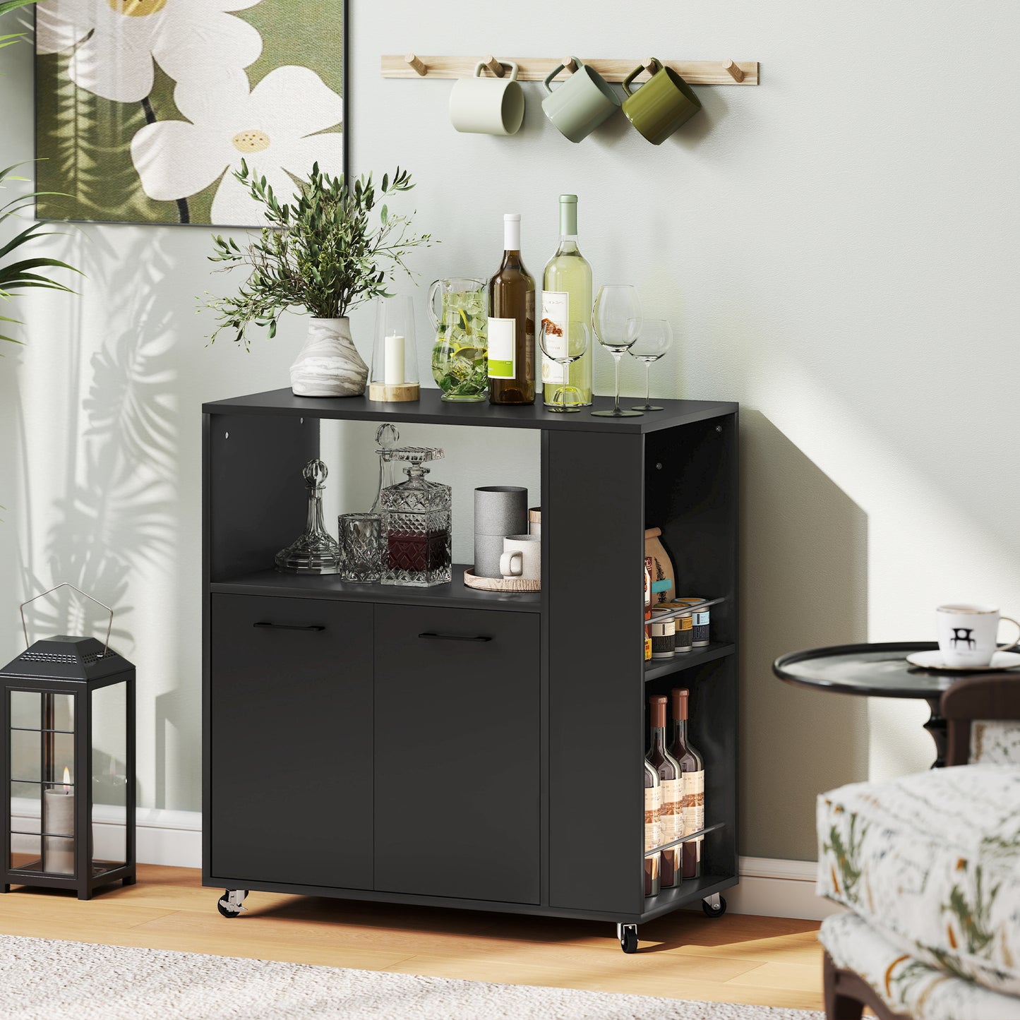 HOMCOM Kitchen Trolley On Wheels Rolling Kitchen Island Cart With 2 Door Cabinet Spice Rack And Adjustable Shelf Black