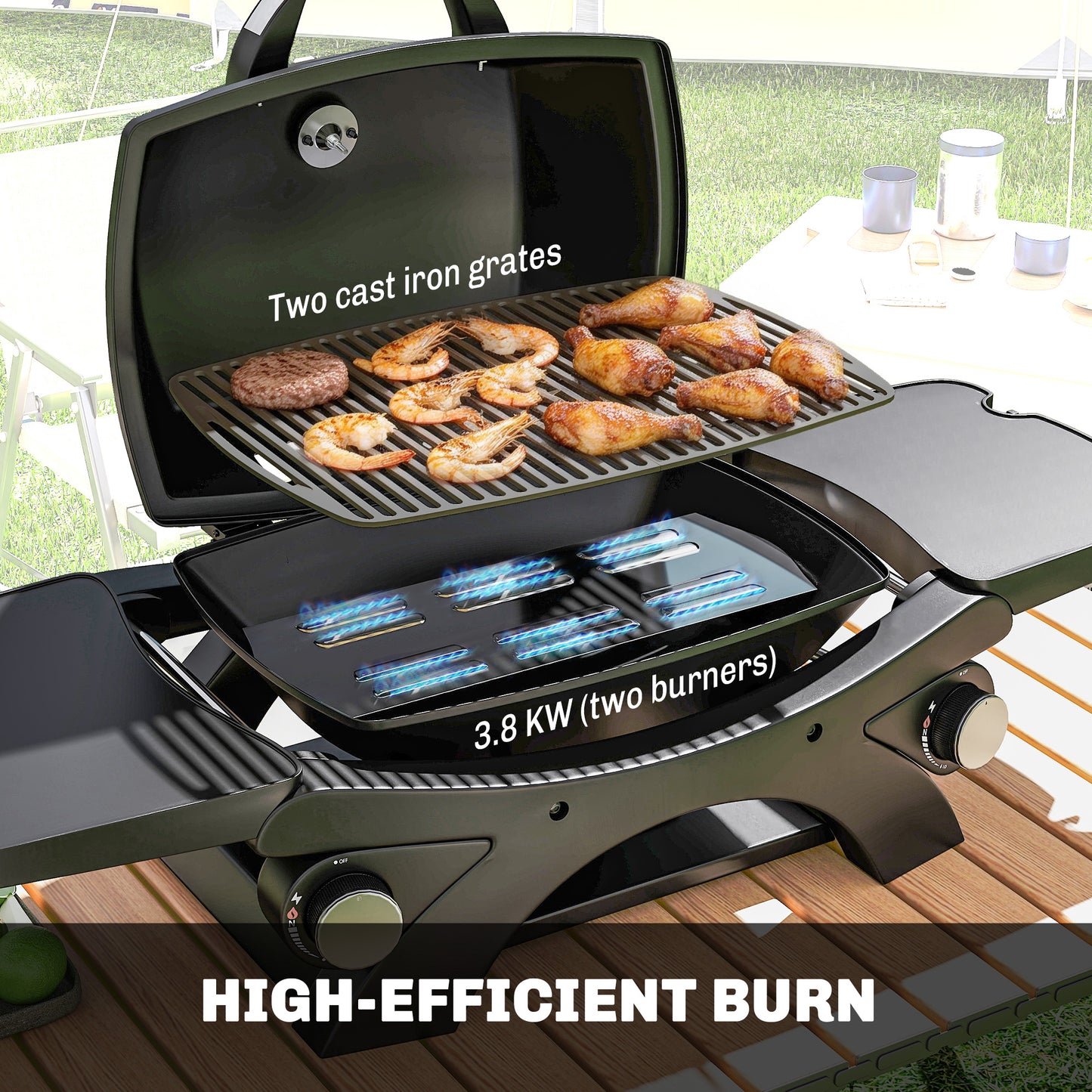 Outsunny 2 Burner Gas Grill With Detachable Side Tables 3.8 KW Steel BBQ Grill Cast Iron Grates Lid And Thermometer