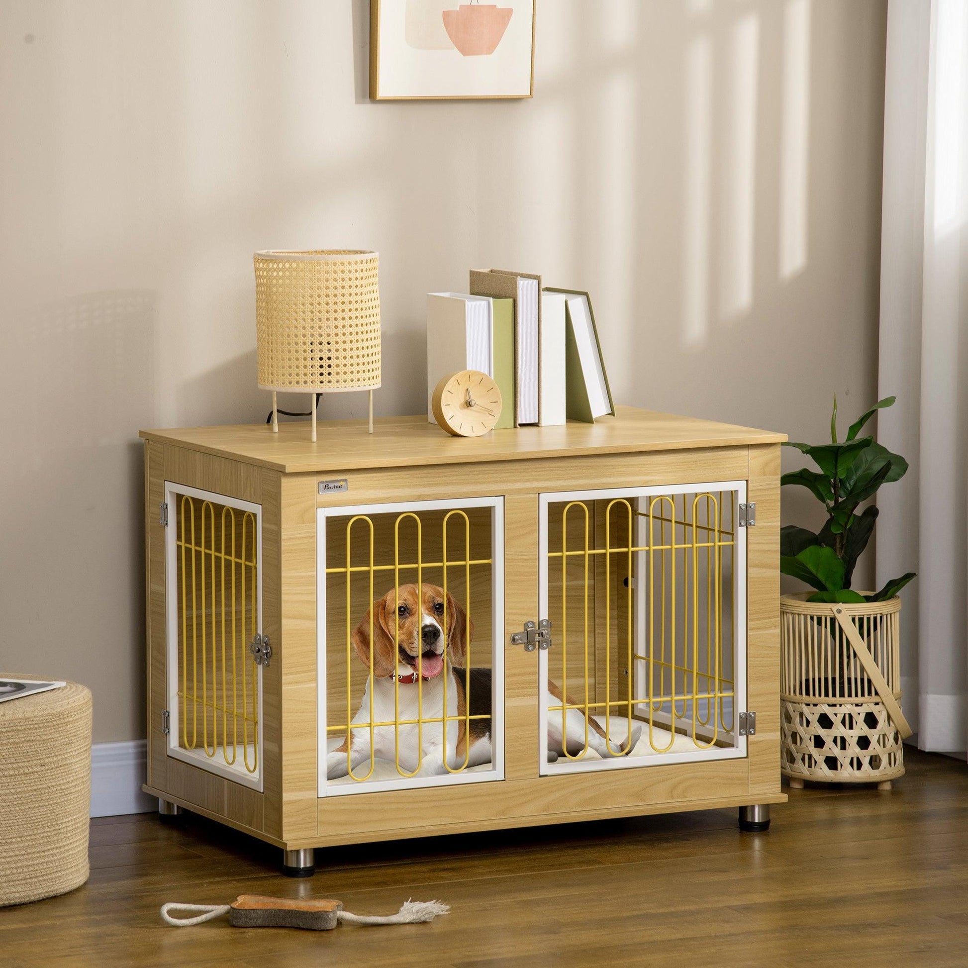 PawHut Dog Crate Furniture, Double Door End Table with Soft Cushion - Oak Tone - ALL4U RETAILER LTD