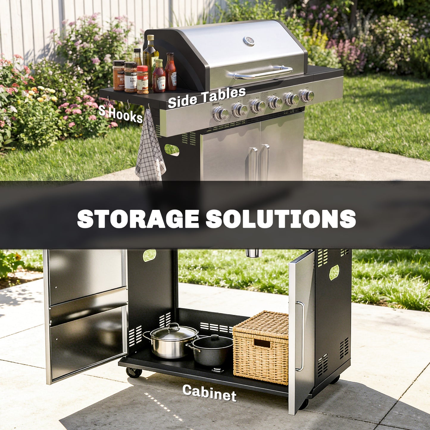 Outsunny 6 Burner Liquid Propane Gas Grill With Warming Rack Side Tables And Cabinet Outdoor Barbecue