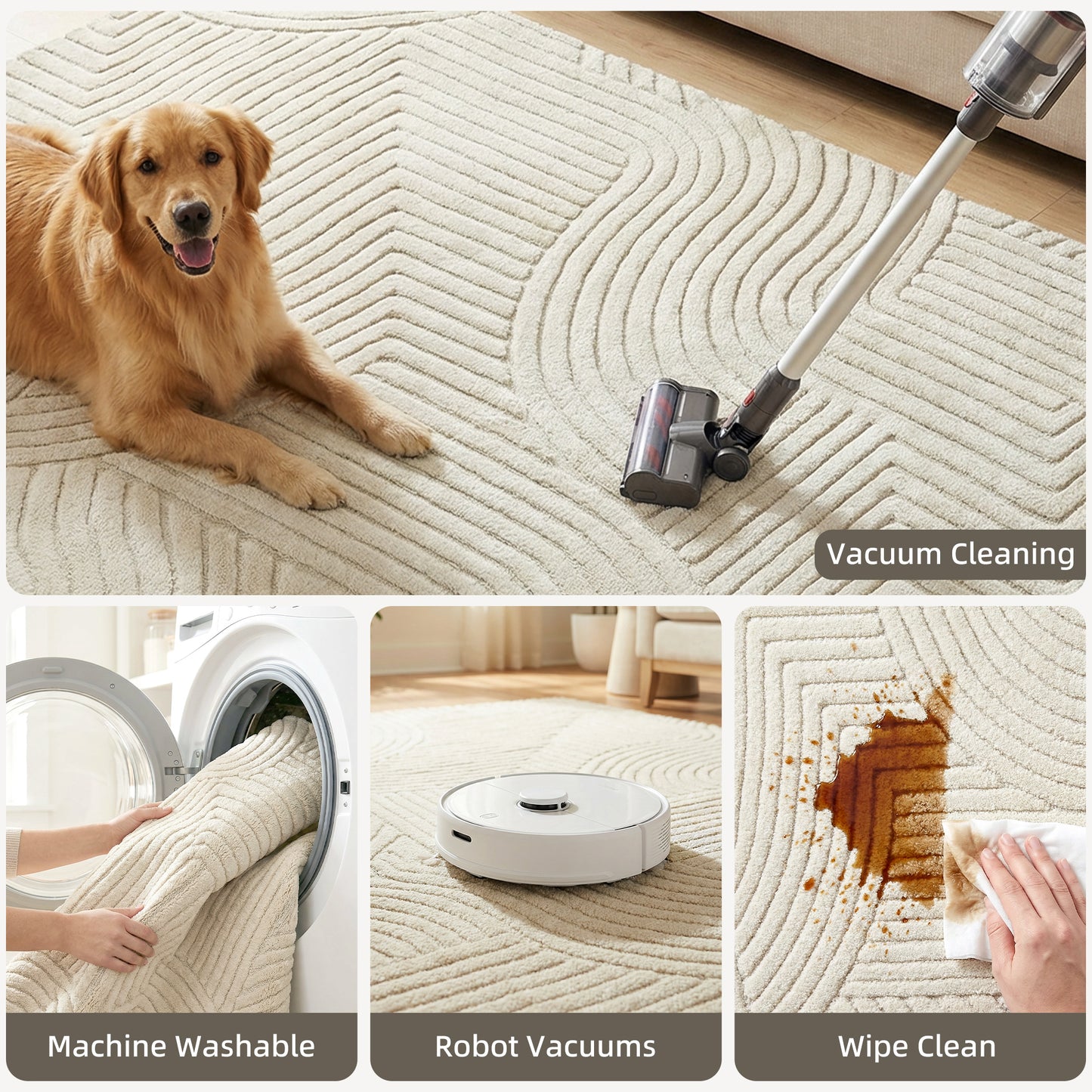 HOMCOM Modern Geometric Rug Thick Plush Non Slip 200 x 140 cm Cream Living Room Bedroom Office Jacquard