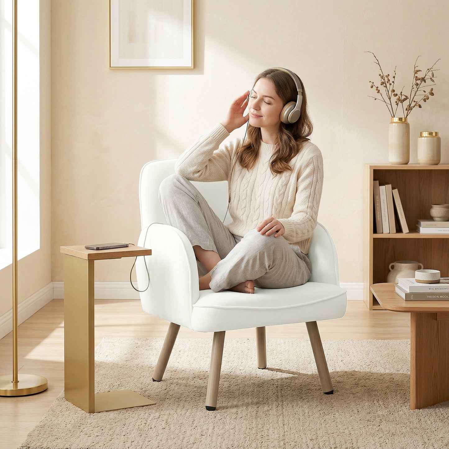 HOMCOM Velvet Upholstered Lounge Chair With Spring Cushion Cream White For Living Room And Bedroom