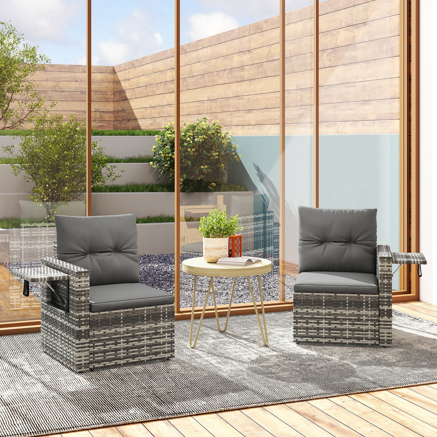Outsunny 2 Seater Rattan Sofa With Hidden Side Trays And Cushions Converts To Two Chairs Patio Balcony Dark Grey
