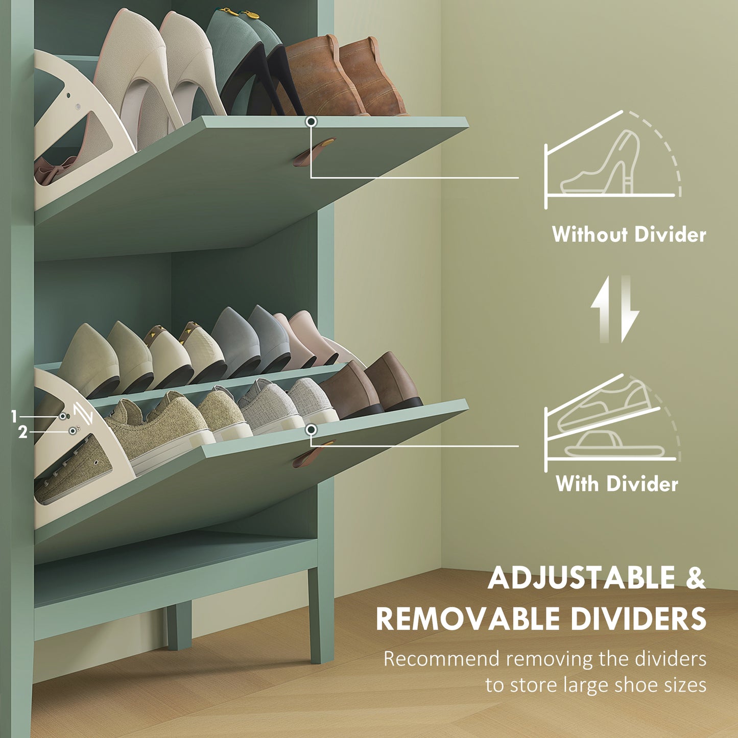 HOMCOM Modern Two Drawer Shoe Cabinet Green Slim Narrow Storage For 14 Pairs UK Men Size 9.5