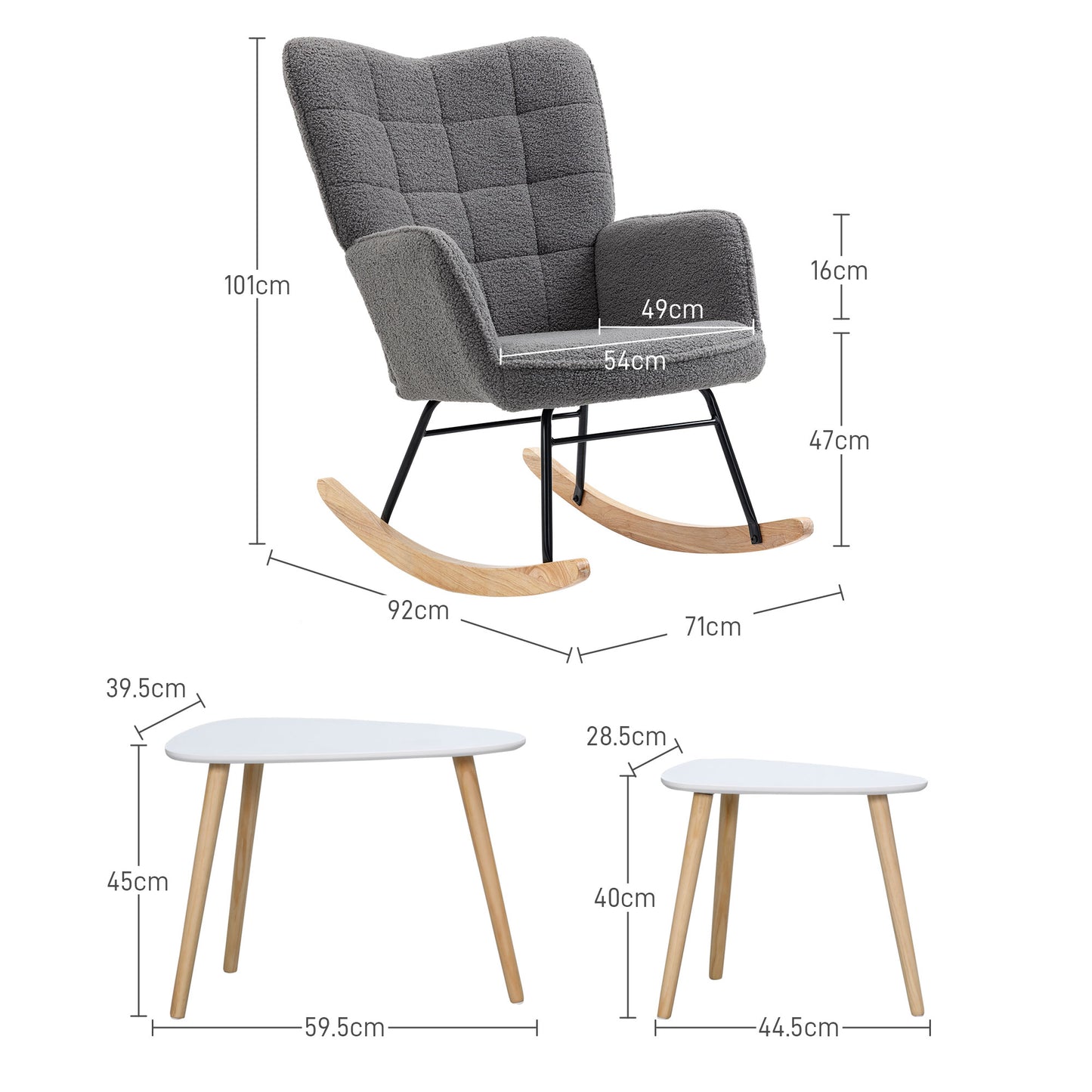 HOMCOM Living Room Furniture Set With Wingback Rocking Chair And Two Nesting Coffee Tables In White And Dark Grey