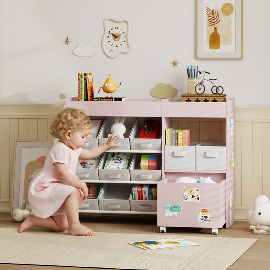 AIYAPLAY Kids Toy Storage Unit With 11 Fabric Bins 3 Stickers Cabinet And Top Shelves Pink For Nursery Playroom