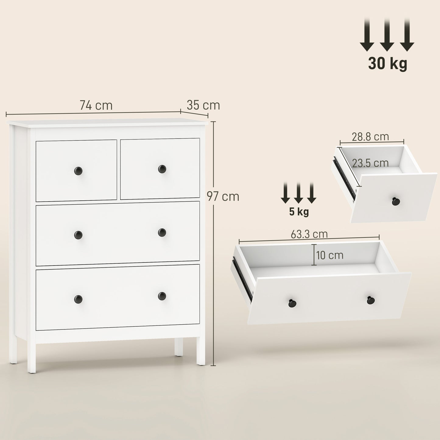 HOMCOM Modern 4 Drawer Chest Of Drawers White Dresser For Living Room Hallway Entryway