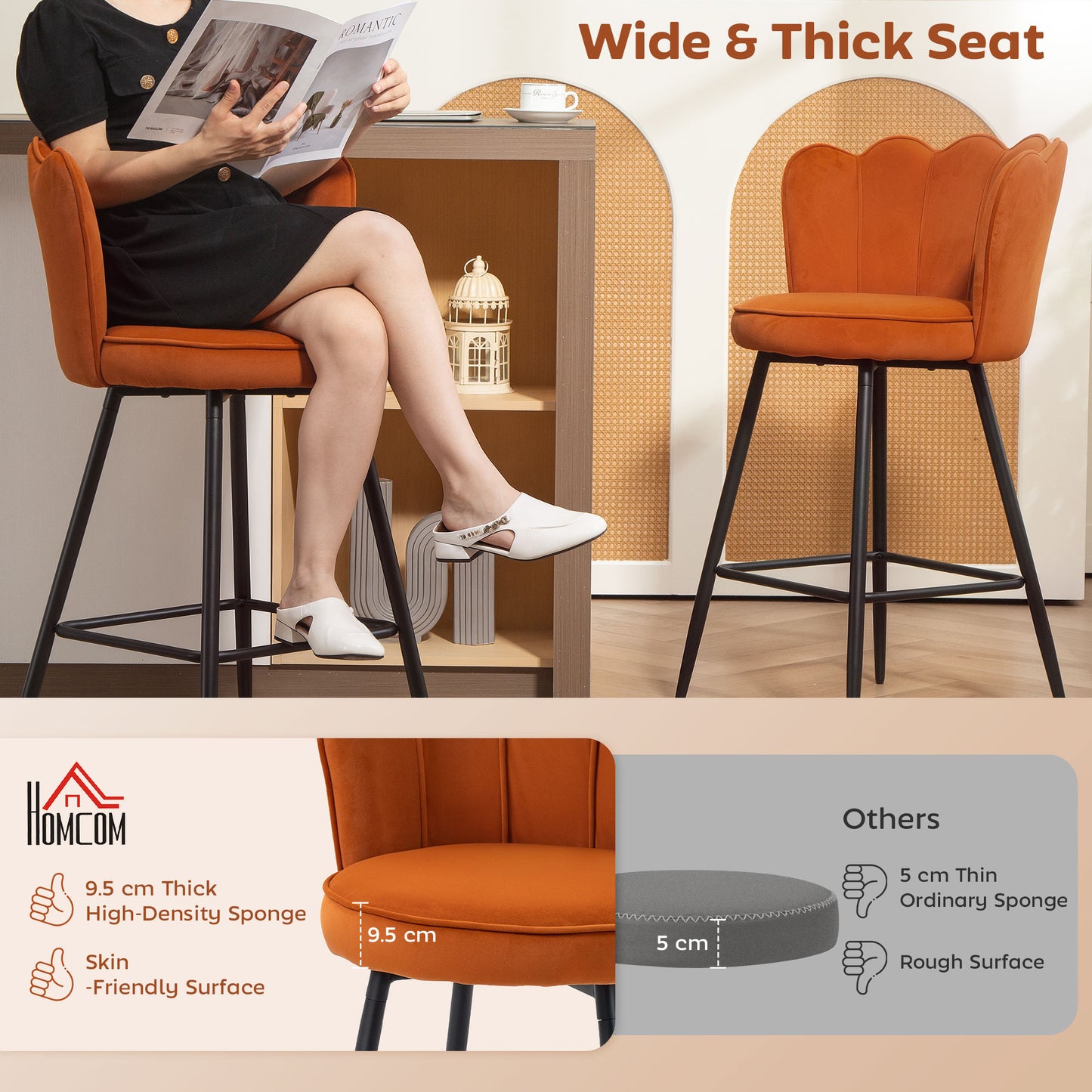 HOMCOM Set Of Two Velvet Feel Lotus Bar Stools Orange With High Back Durable Foam Cushions