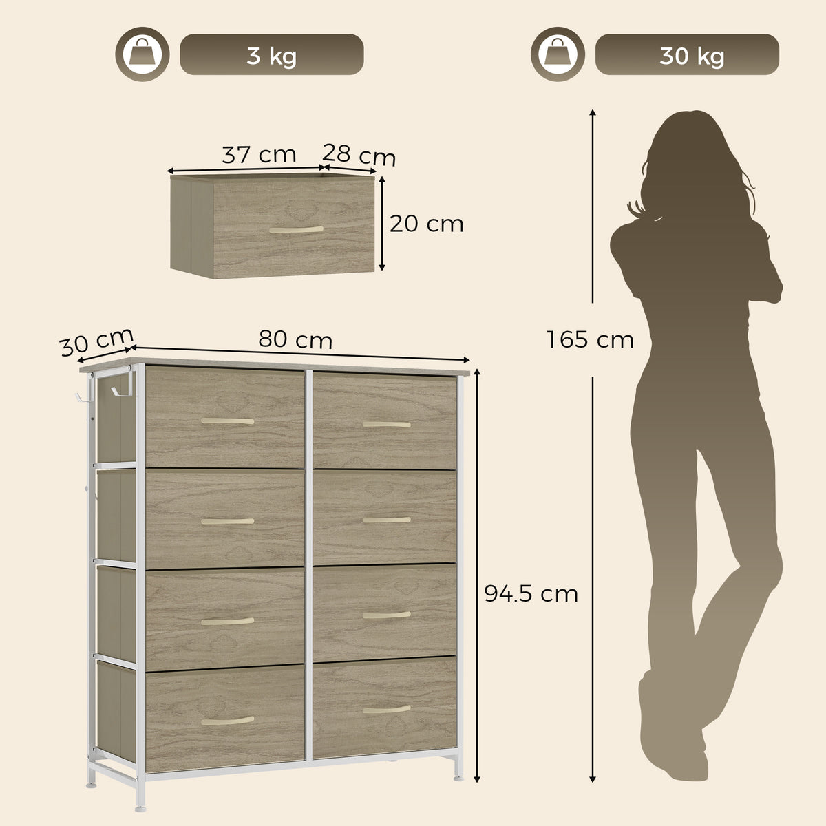 HOMCOM 8 Drawer Fabric Dresser with Side Storage Bag and Hooks
