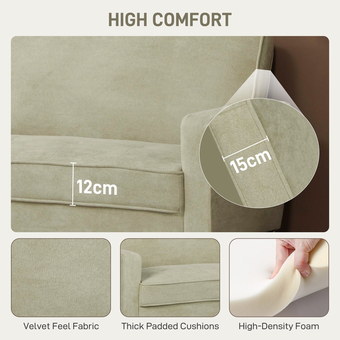 HOMCOM Two Seater Velvet Feel Sofa Beige With Wooden Legs Anti Slip Foot Pads And S Springs