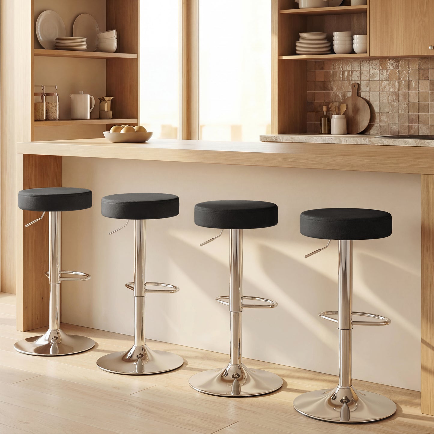 HOMCOM Bar Stools Set Of 2 Modern PU Leather Swivel Height Adjustable Breakfast Bar Chairs With Footrest Black