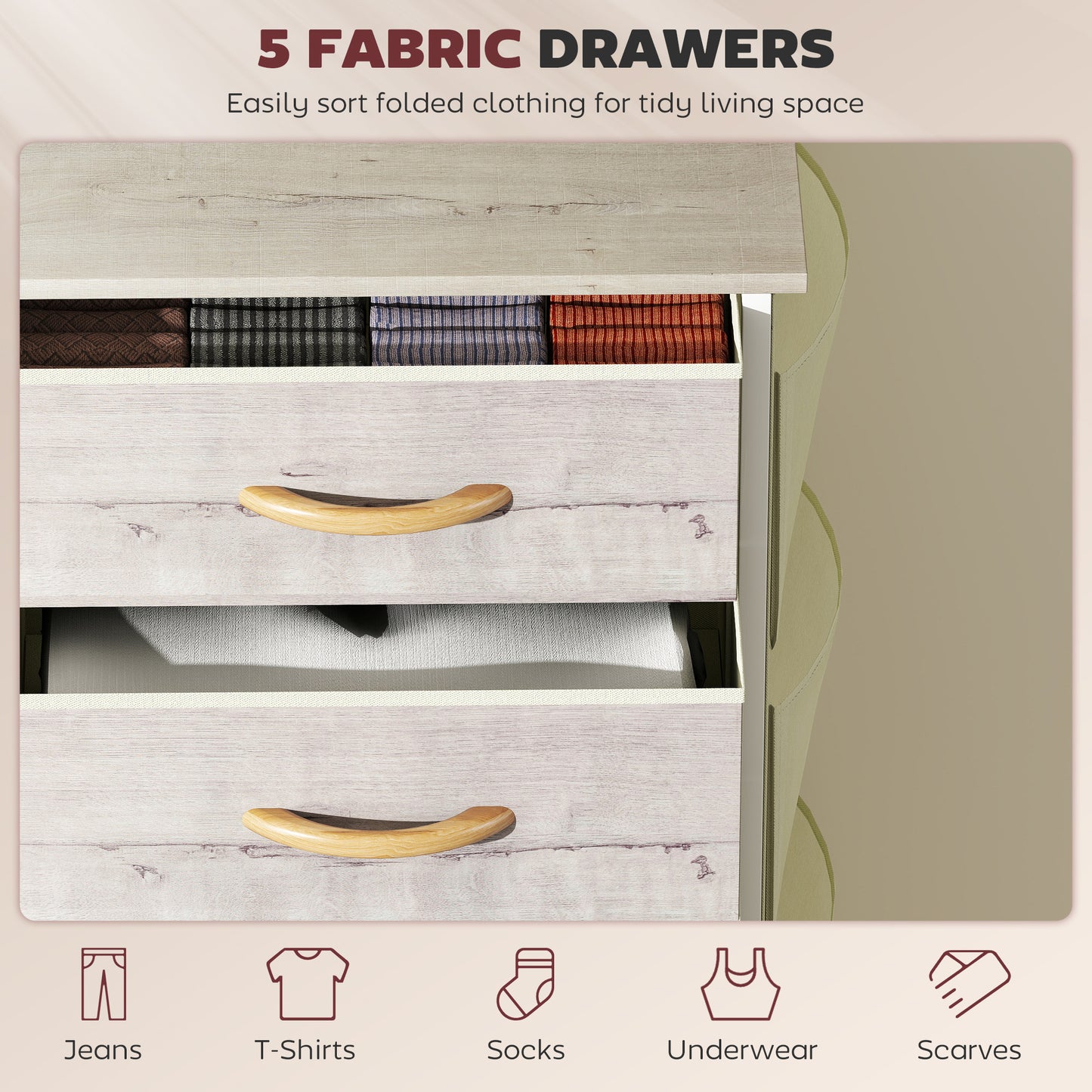 HOMCOM Five Fabric Drawer Chest With Three Small And Two Large Drawers Natural Wood Finish With Steel Frame X Bars