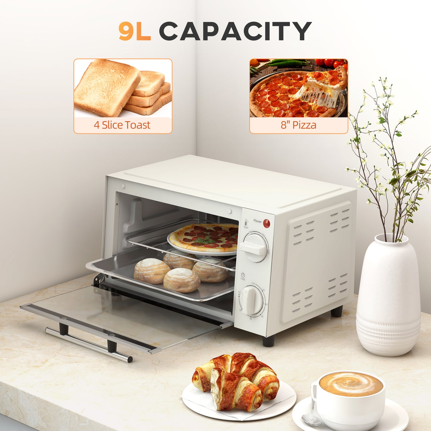 Homcom 9L Countertop Mini Oven Toaster Oven With Adjustable Temperature Timer And 750W Cream