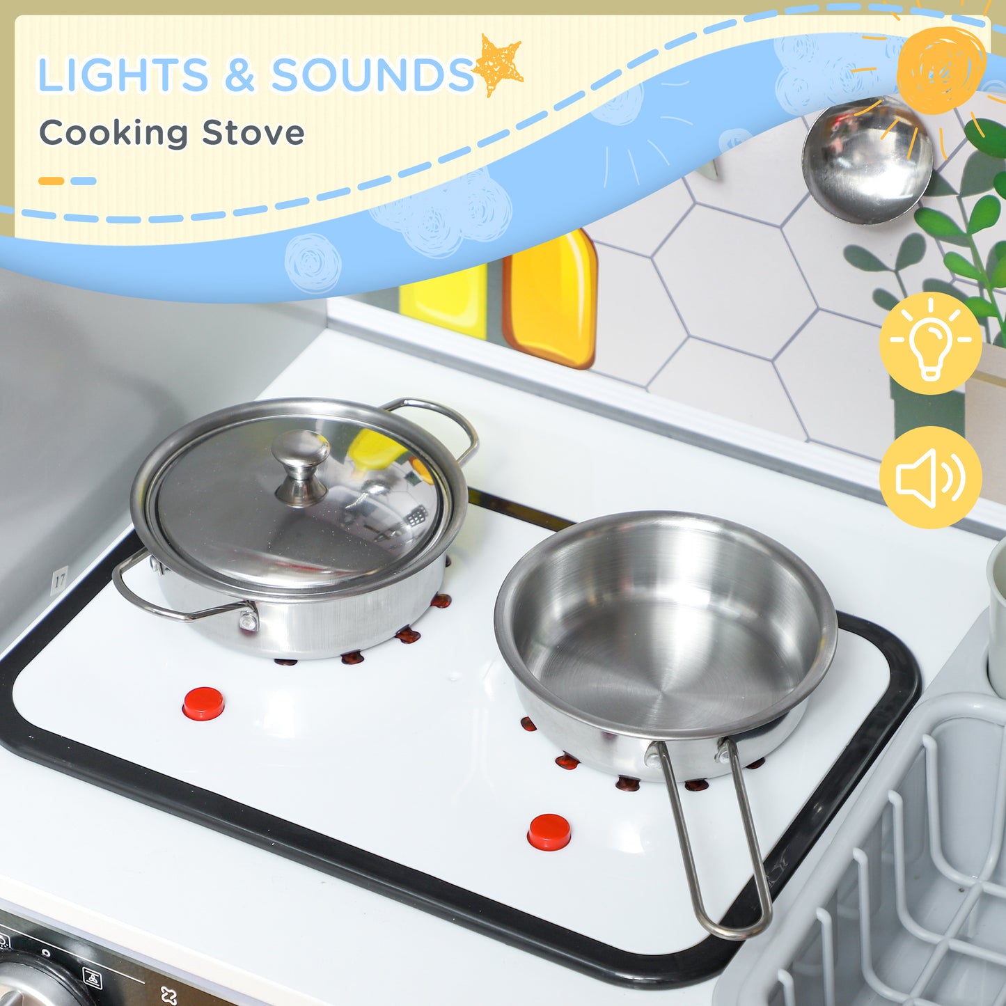 AIYAPLAY Interactive Kids Kitchen Set with Sounds, Lights and Running Water Features