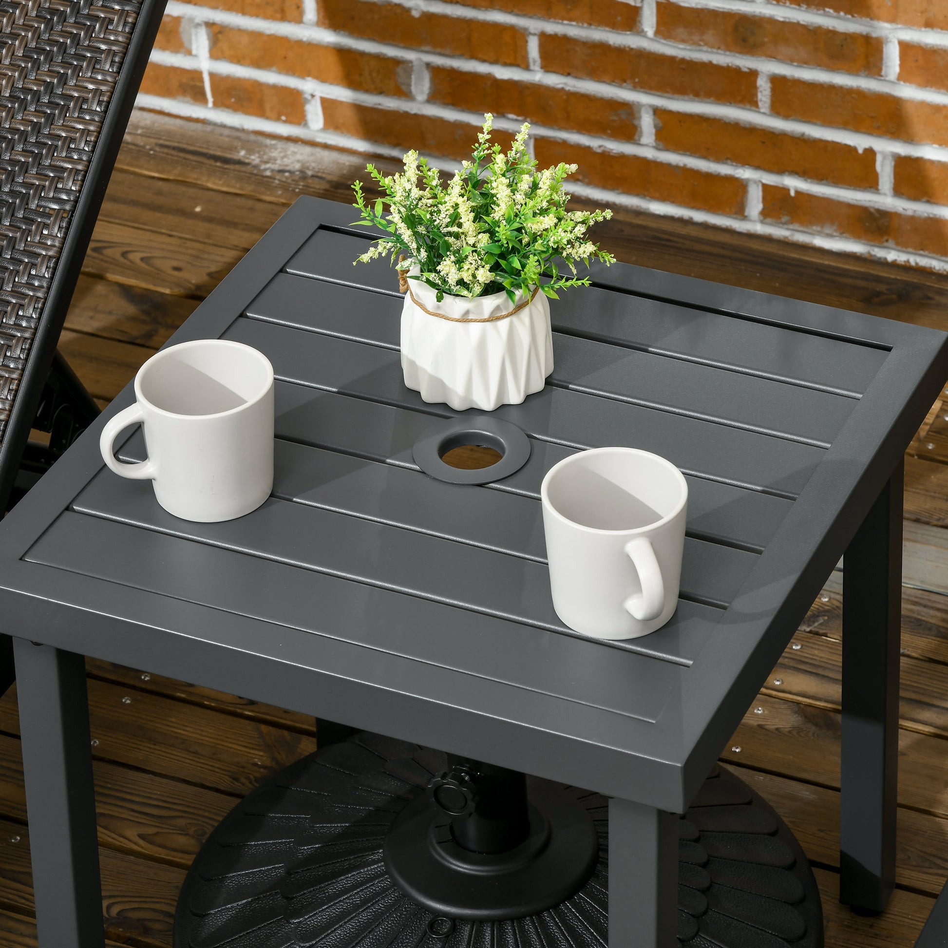 Outsunny Grey Patio Side Table with Umbrella Hole - Steel Frame Coffee Table for Balcony - ALL4U RETAILER LTD