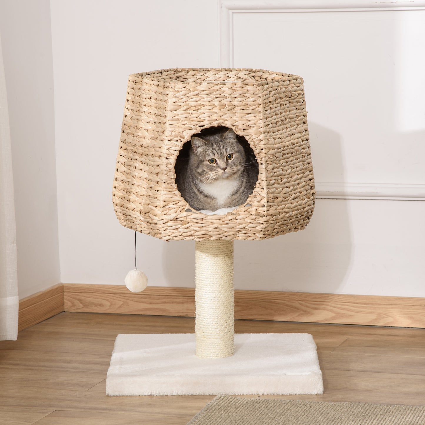 PawHut Multi-Level Cat Activity Center with Plush Bed and Scratching Post - Natural 45x45x66cm - ALL4U RETAILER LTD