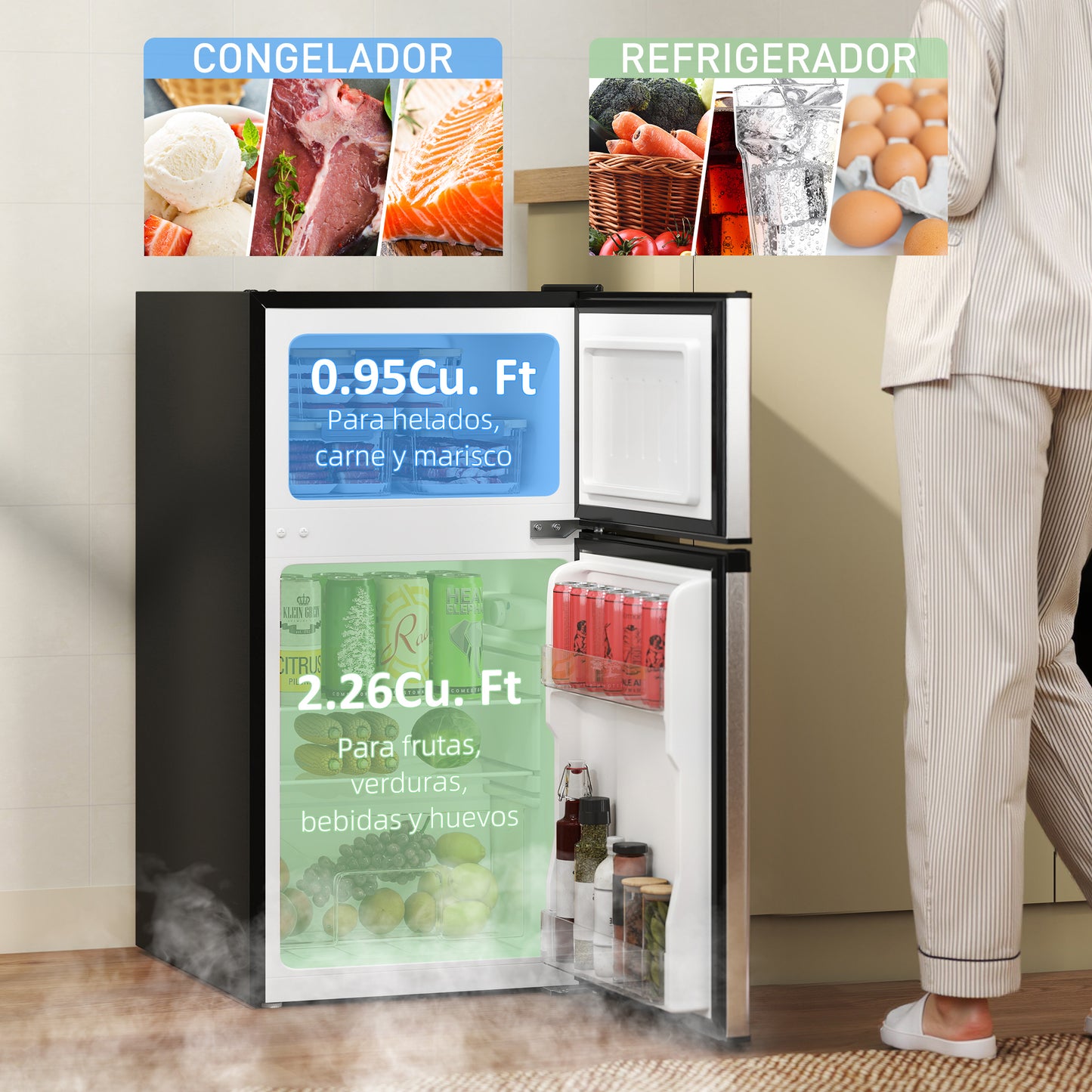 HOMCOM 88L Under Counter Fridge Freezer 25L Freezer 63L Fridge 5 Setting Control 3 Star Freezer Reversible Doors