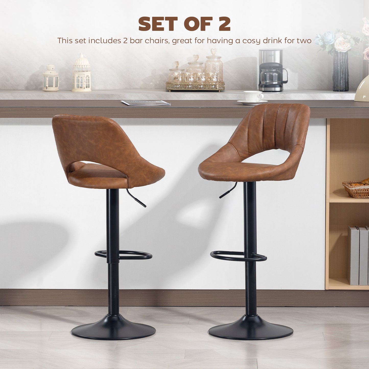 HOMCOM Set Of 2 Bar Stools With Backrest And Footrest PU Leather Swivel Kitchen Counter Stools Brown